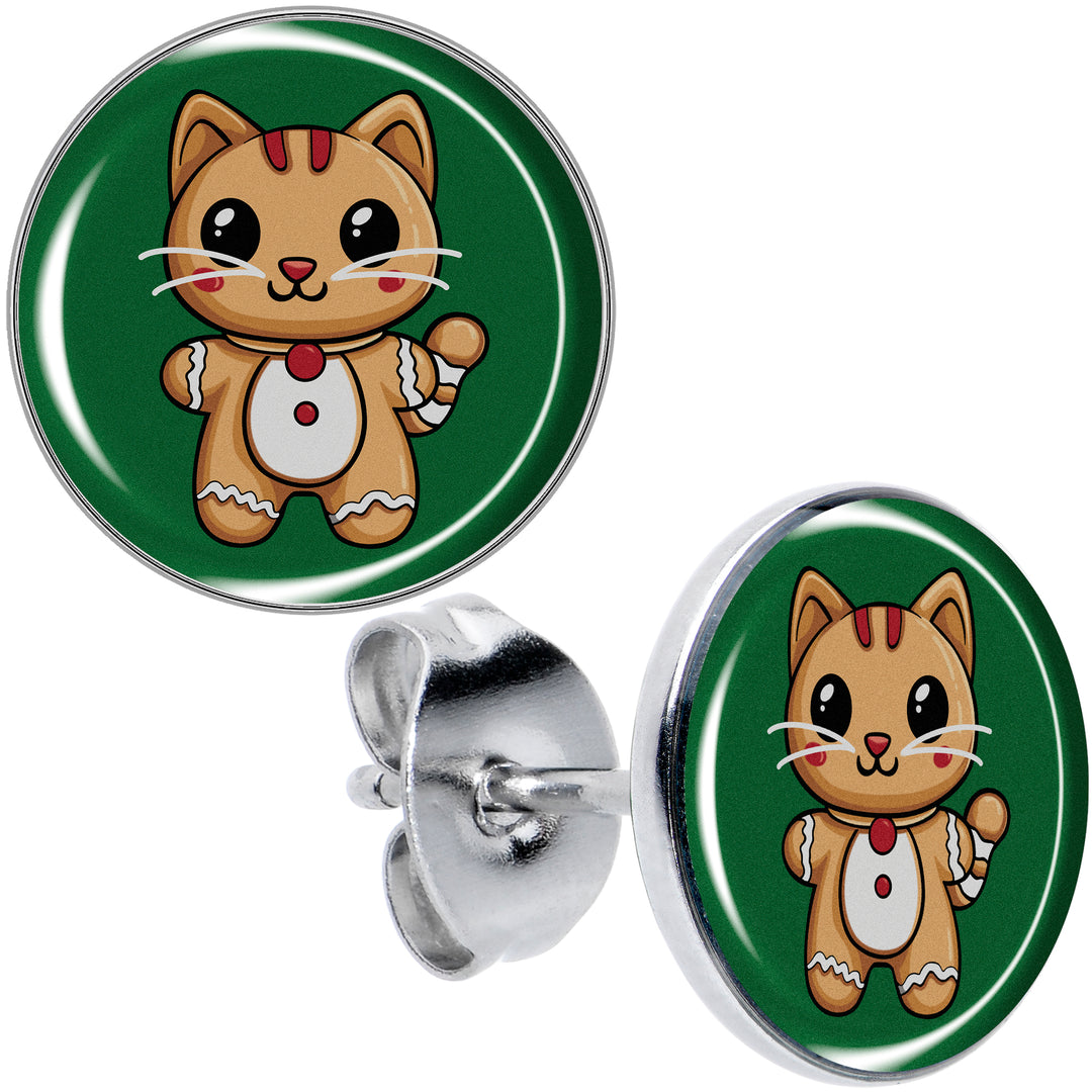 Christmas Holiday Gingerbread Kitty Cat Stud Earrings