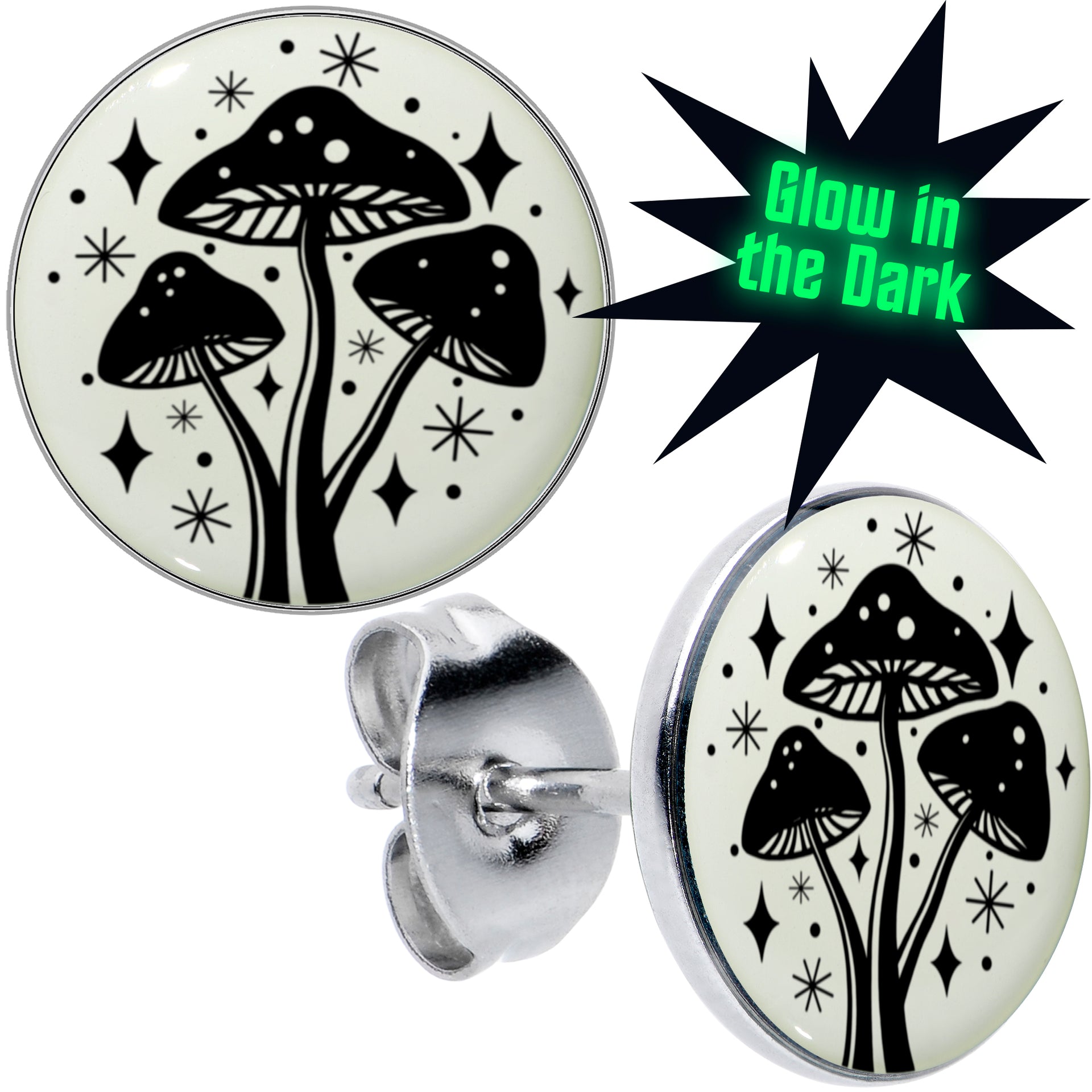Mystic Mushroom Glow in the Dark Hypoallergenic Stainless Steel Stud Earrings