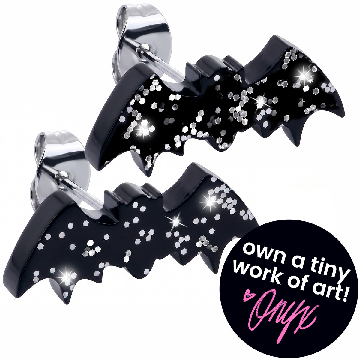 Stardust Glitter Bat Acrylic Stud Earrings - Hypoallergenic
