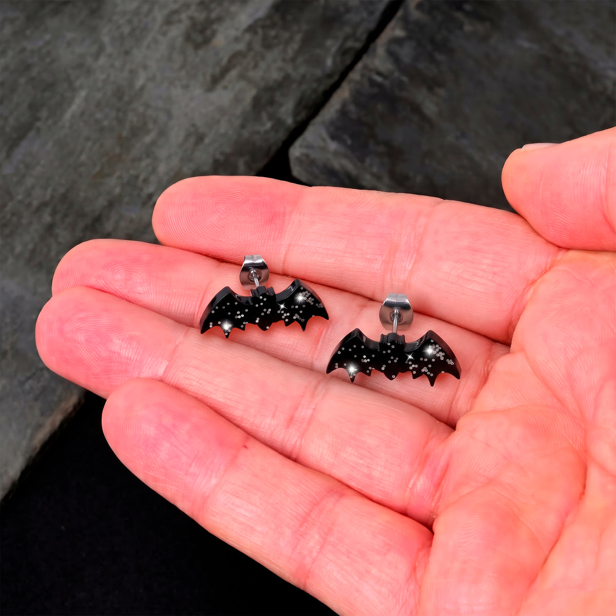 Stardust Glitter Bat Acrylic Stud Earrings - Hypoallergenic