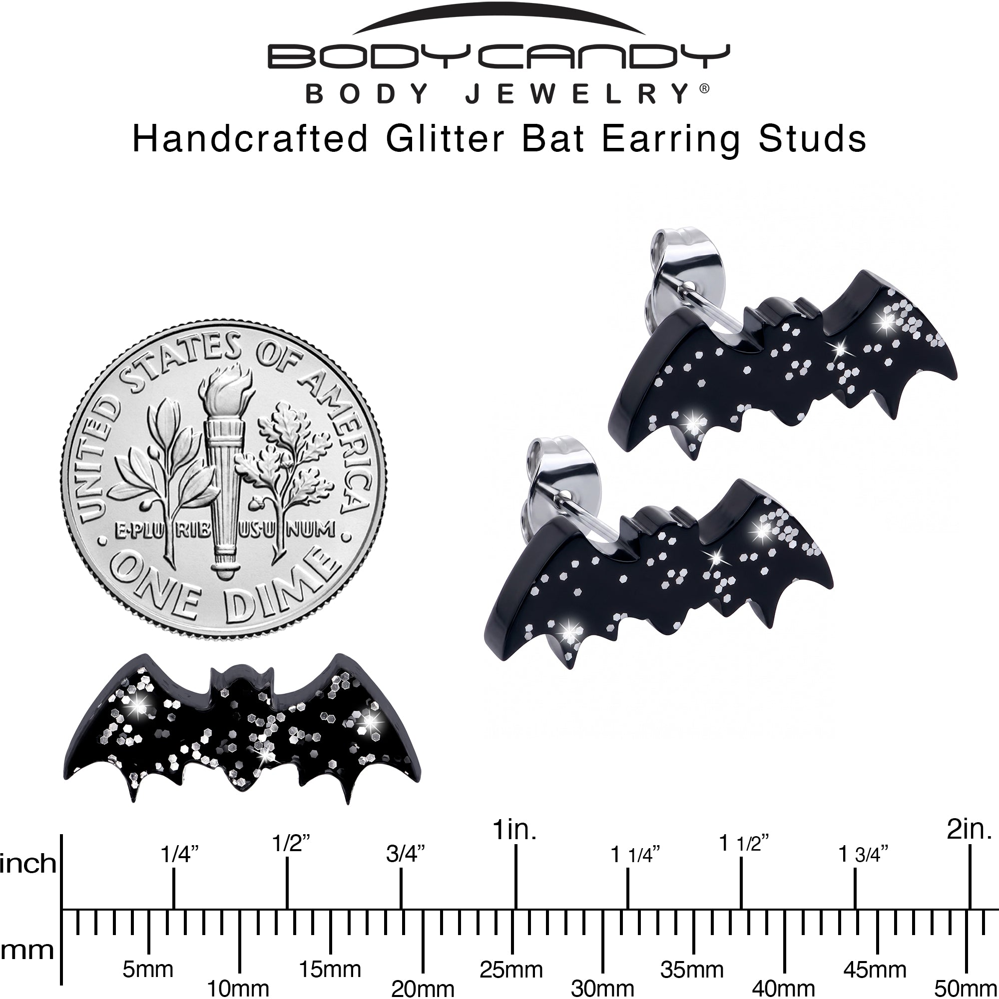 Stardust Glitter Bat Acrylic Stud Earrings - Hypoallergenic