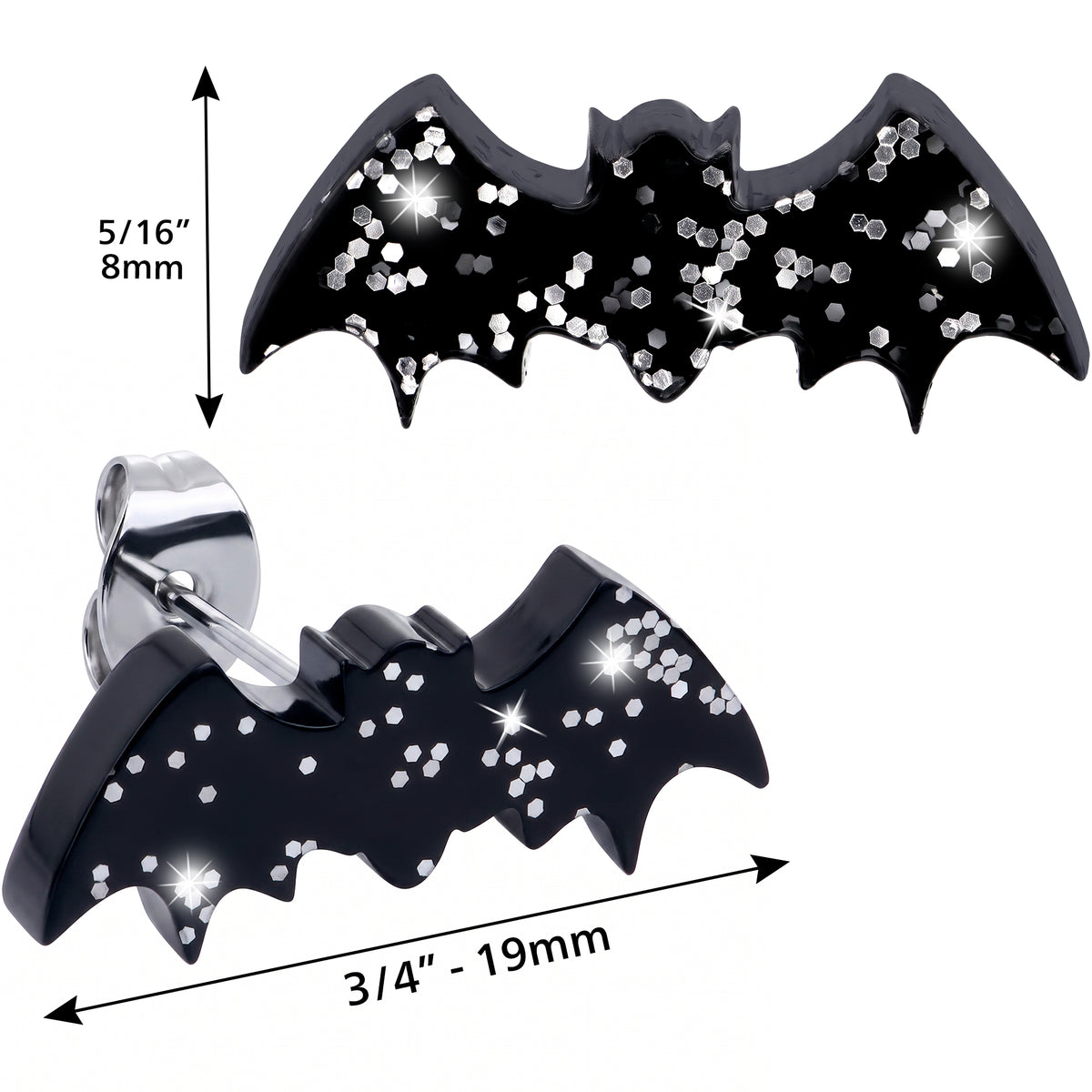 Stardust Glitter Bat Acrylic Stud Earrings - Hypoallergenic