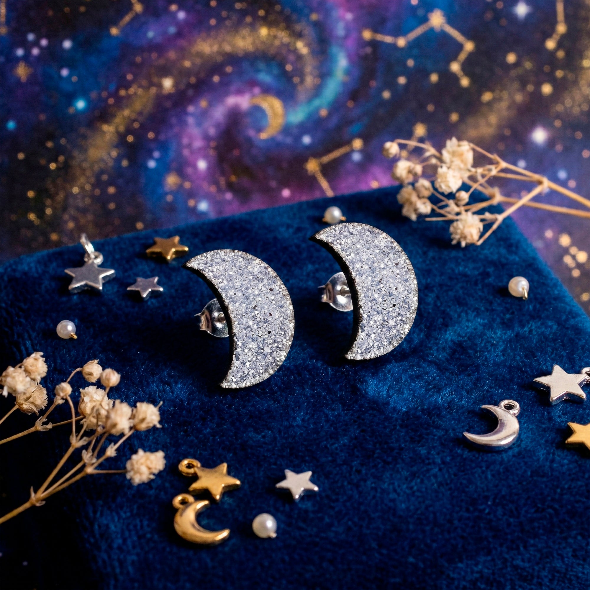 Clesestial Glitter Crescent Moon Stud Earrings