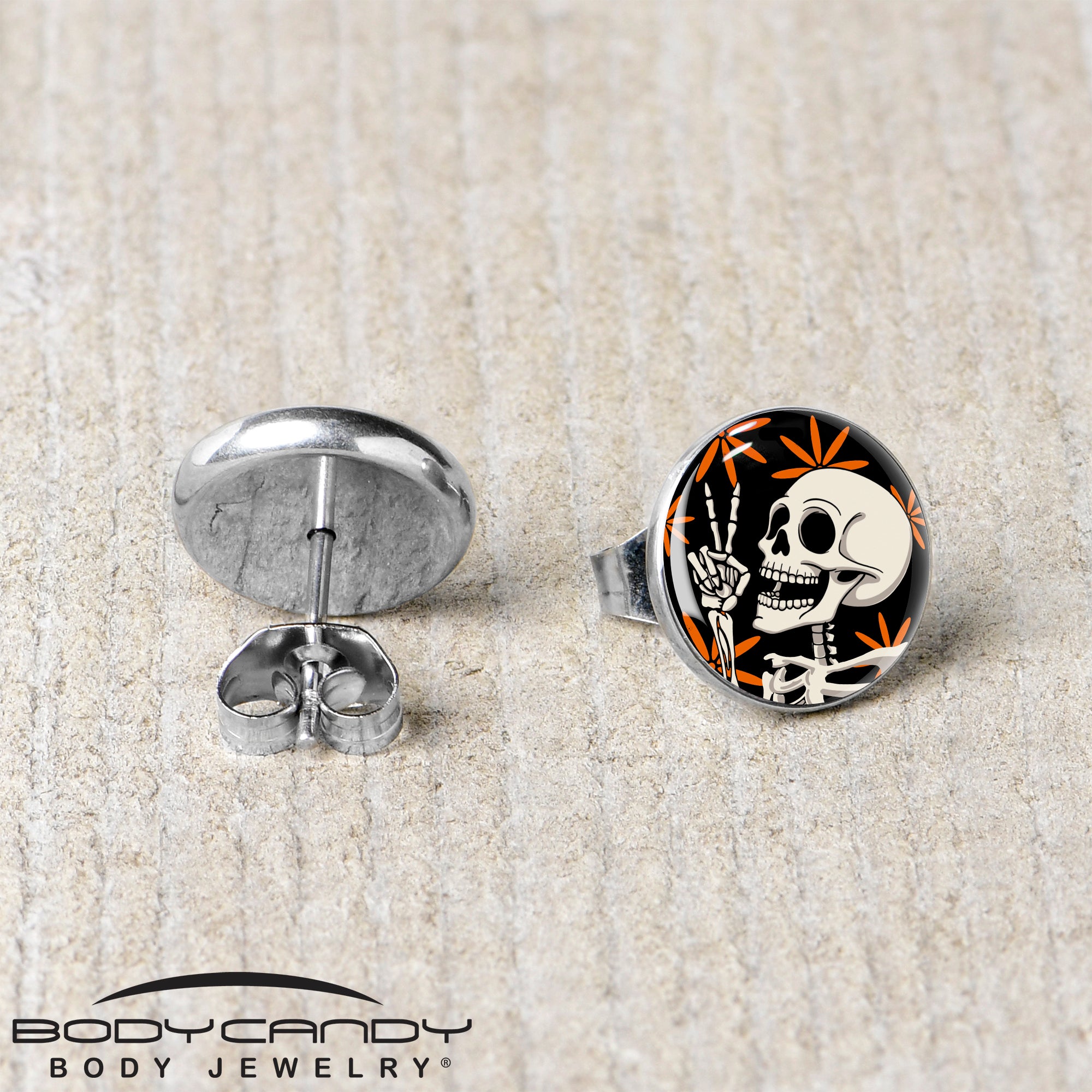 Trendy skeleton peace sign stud earrings for a bold look