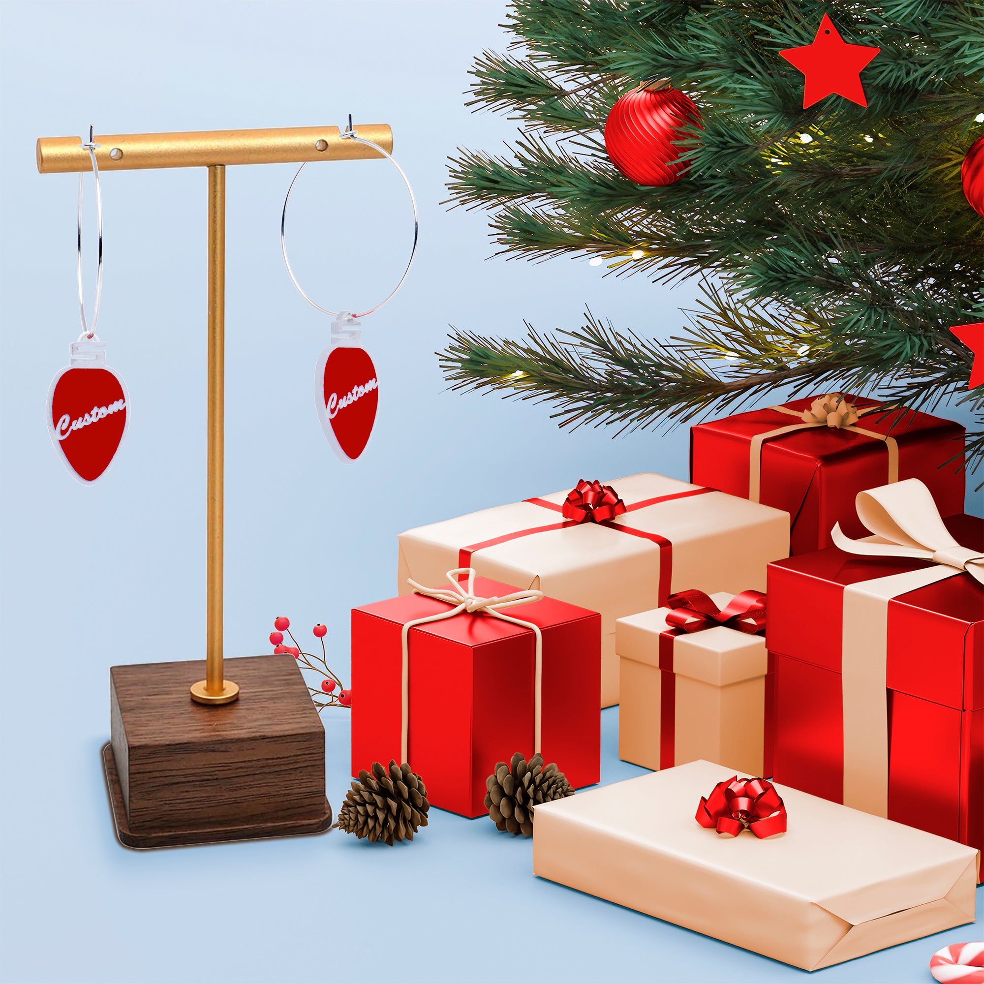 Festive red hoop earrings with custom ornaments