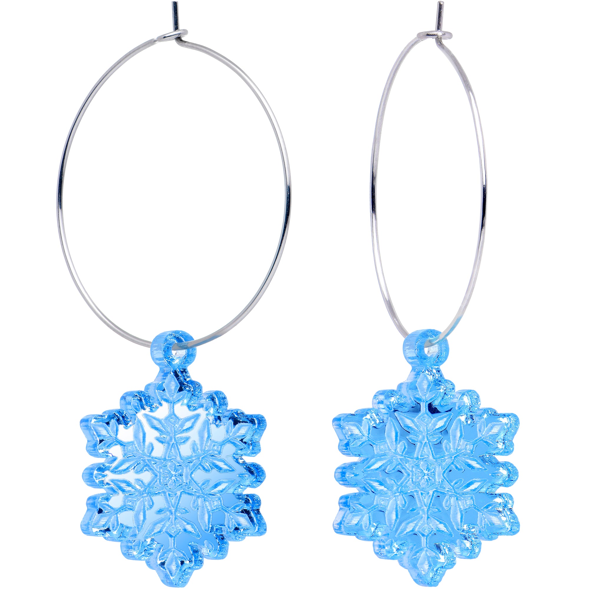 Ice blue winter snowflake hoop earrings