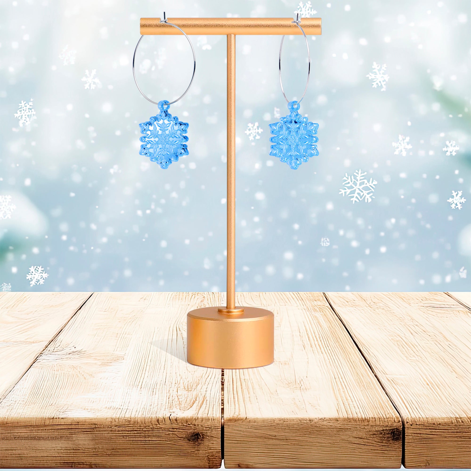 Winter fashion ice blue hoop snowflake earrings