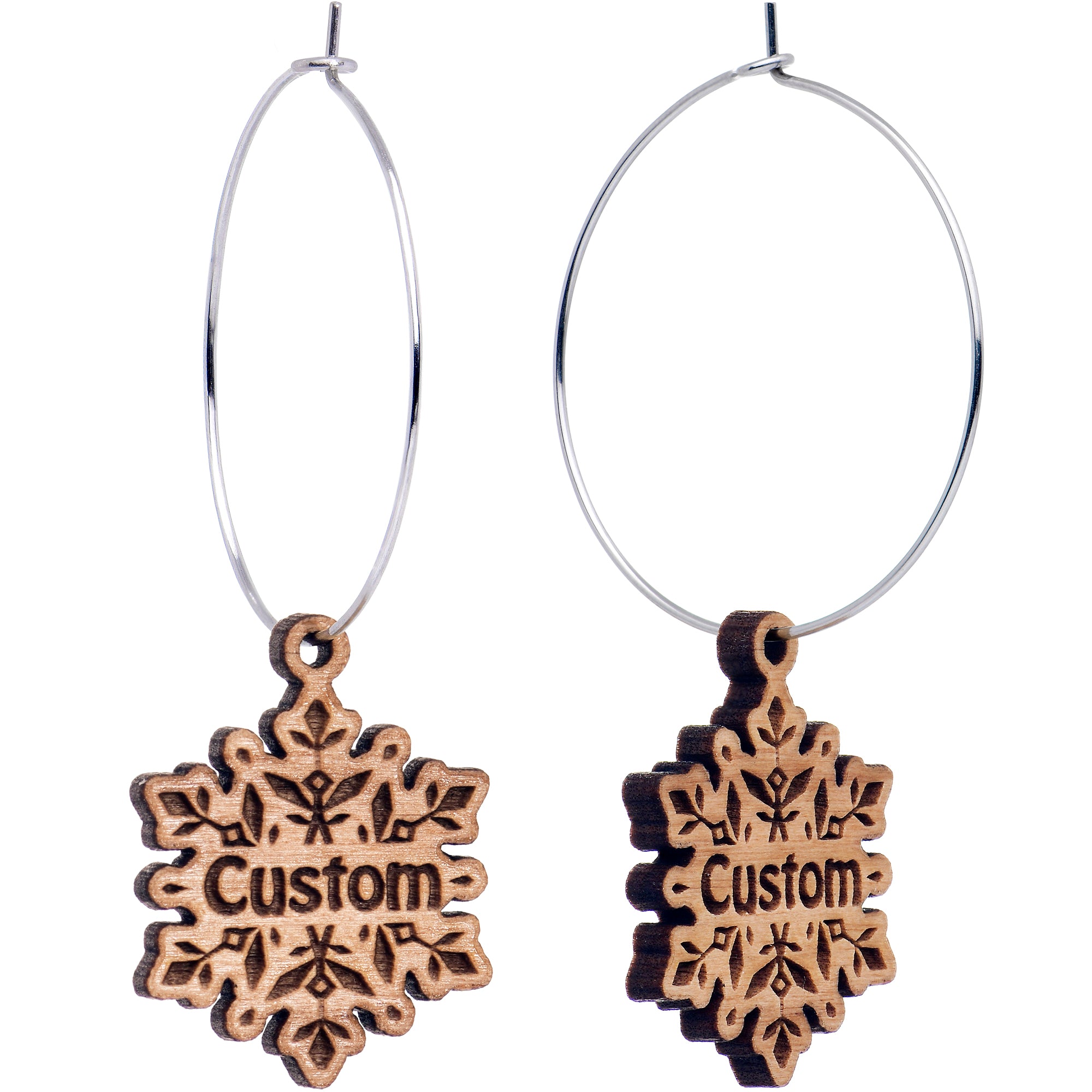 Custom natural wood snowflake hoop earrings