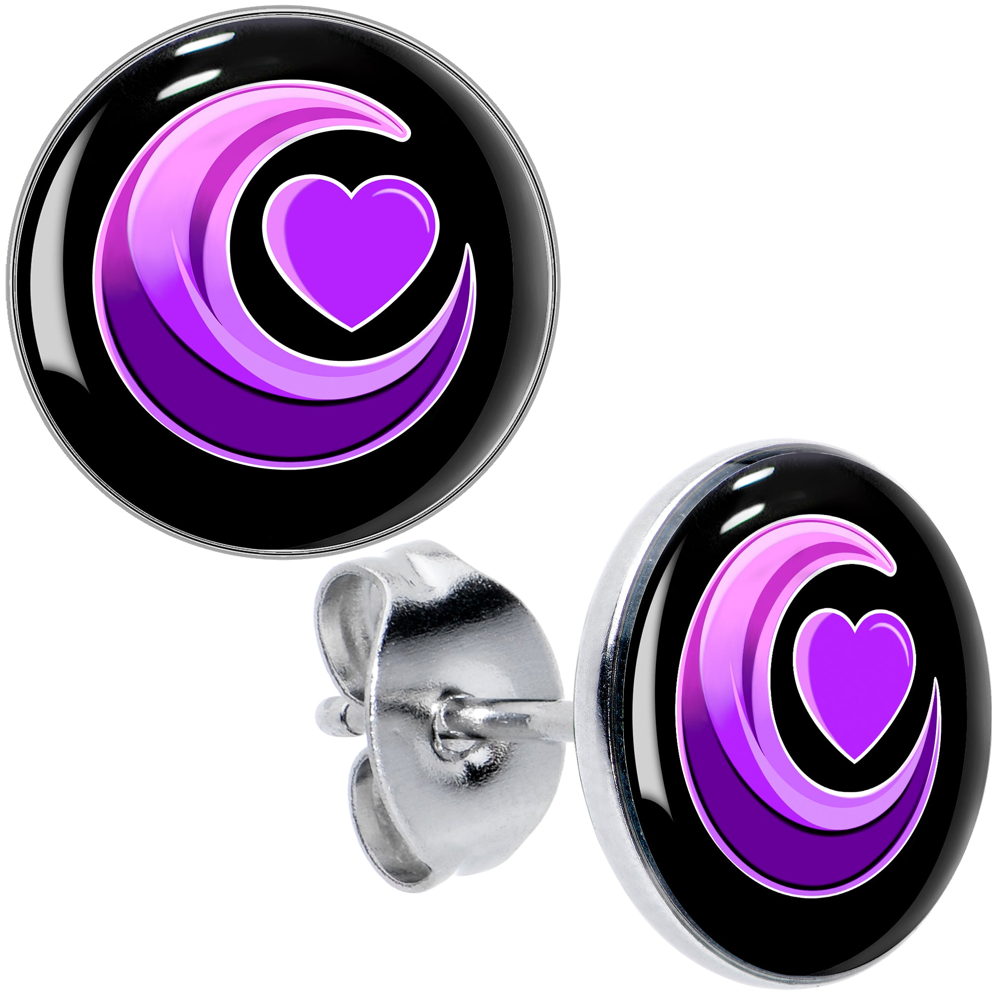 Crescent Moon Heart Hypoallergenic Stainless Steel Stud Earrings