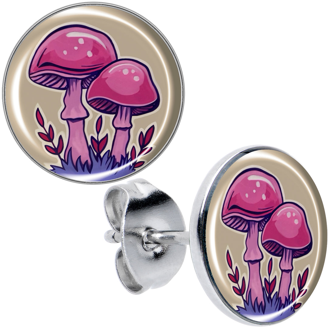 Artist Drawn Pink Mushrooms Hypoallergenic Stainless Steel Stud Earrings