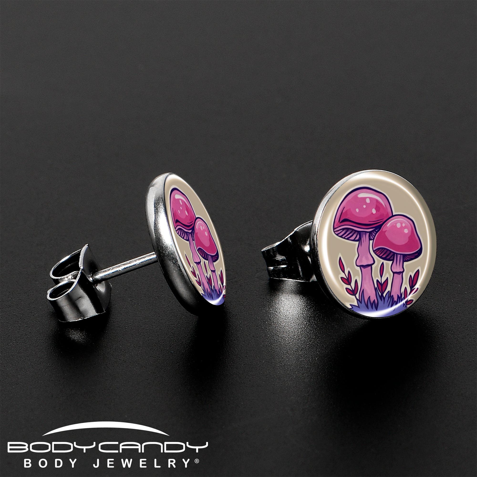 Artist Drawn Pink Mushrooms  Stainless Steel Stud Earrings stylish jewelry