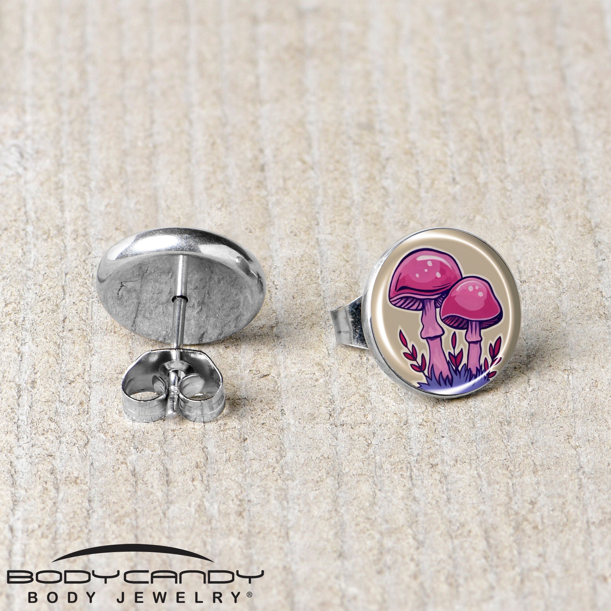 Artist Drawn Pink Mushrooms  Stainless Steel Stud Earrings stainless steel hypoallergenic