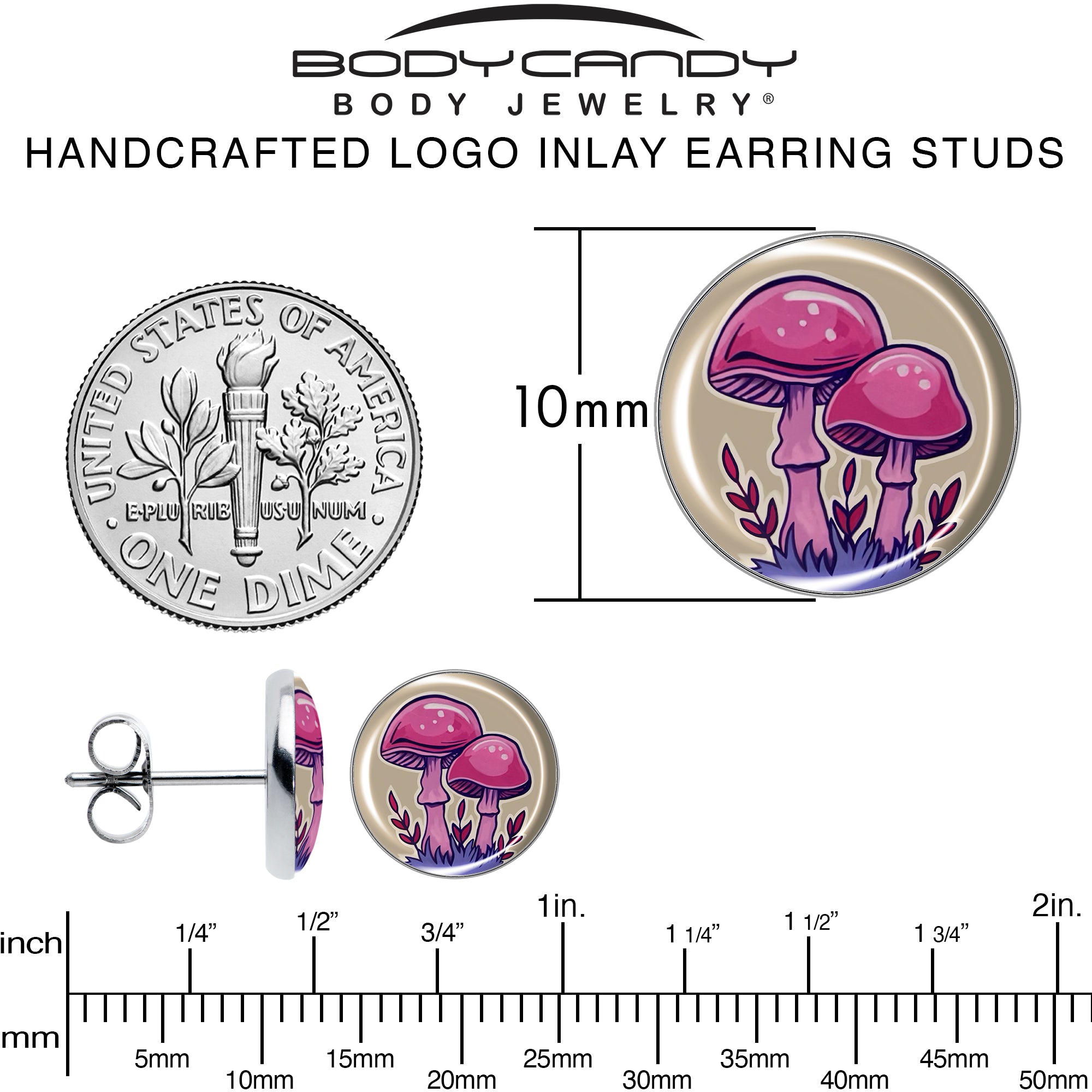 Artist Drawn Pink Mushrooms  Stainless Steel Stud Earrings perfect for sensitive ears