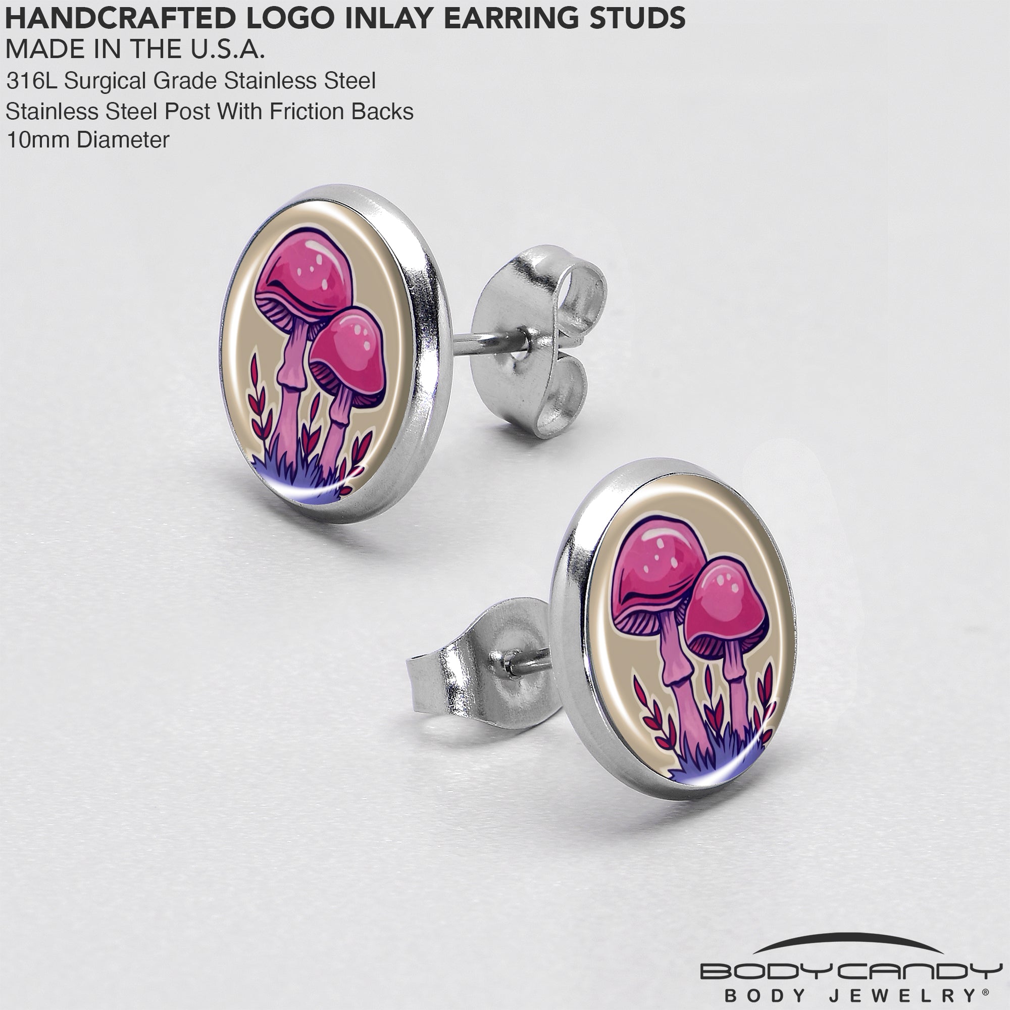 Artist Drawn Pink Mushrooms  Stainless Steel Stud Earrings custom design option