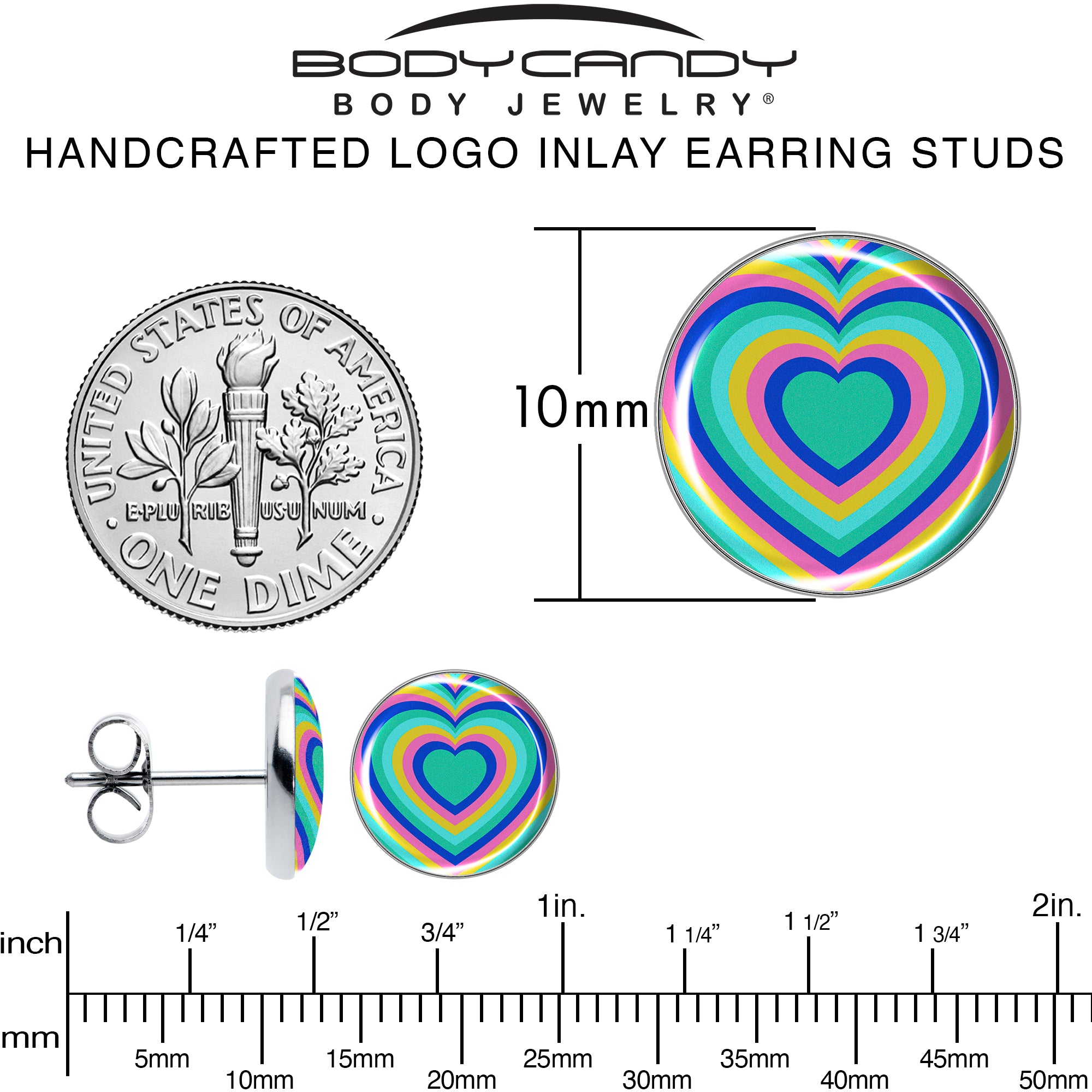 Rainbow Retro Heart  Stainless Steel Stud Earrings perfect for sensitive ears