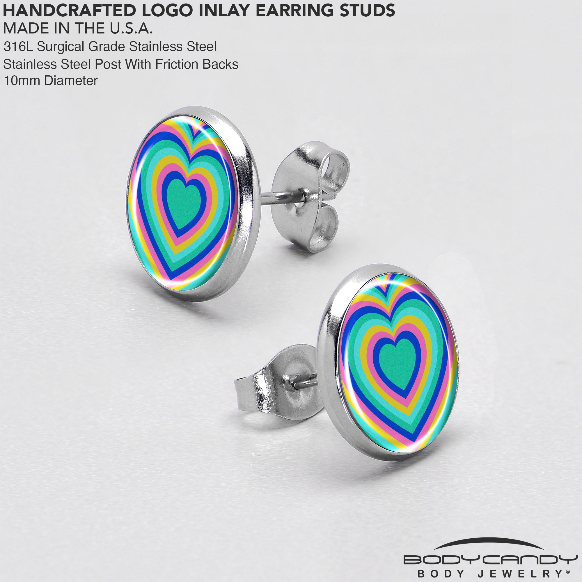 Rainbow Retro Heart  Stainless Steel Stud Earrings custom design option