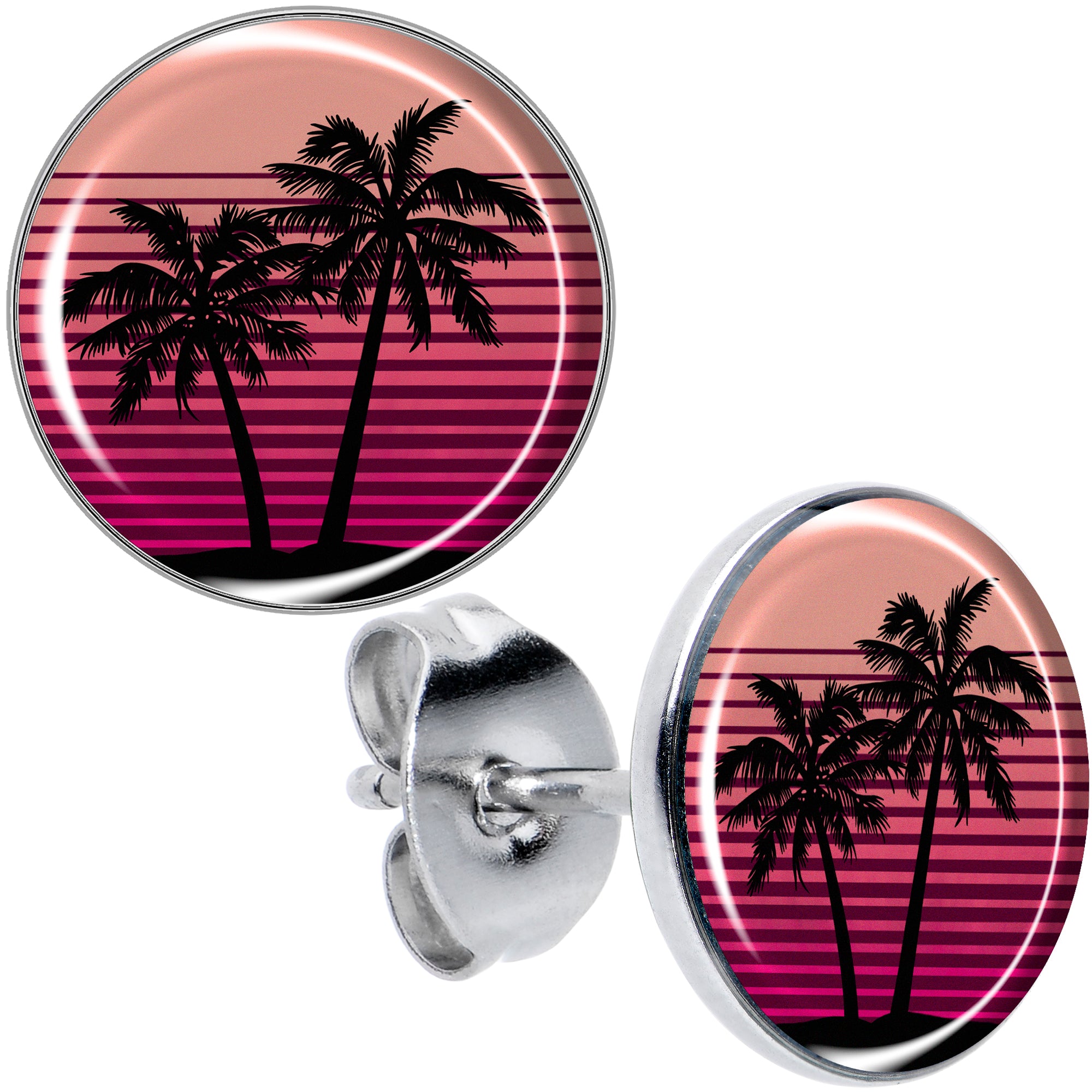 Palm Tree Retro Sunset Hypoallergenic Stainless Steel Stud Earrings