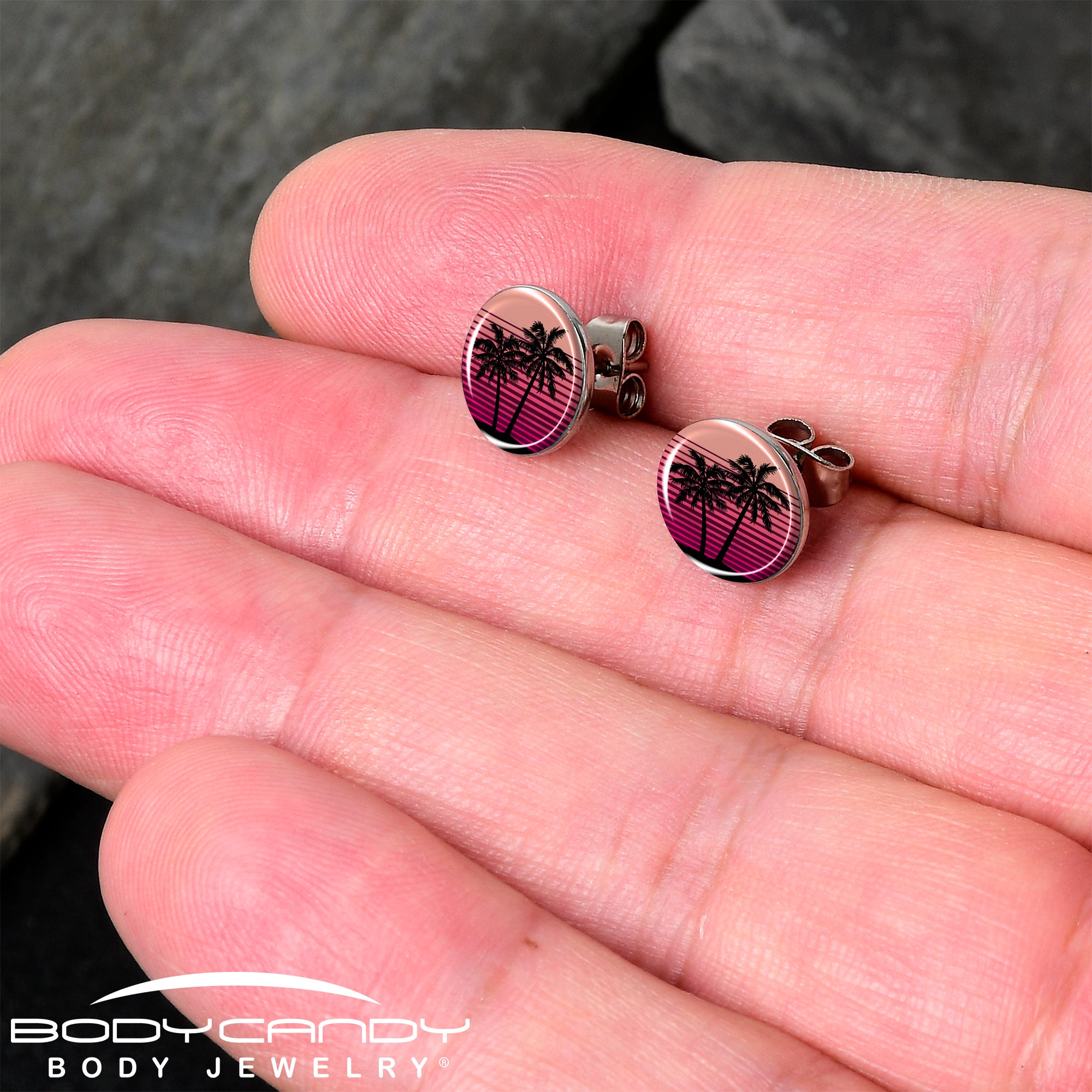 Palm Tree Retro Sunset  Stainless Steel Stud Earrings lightweight body jewelry