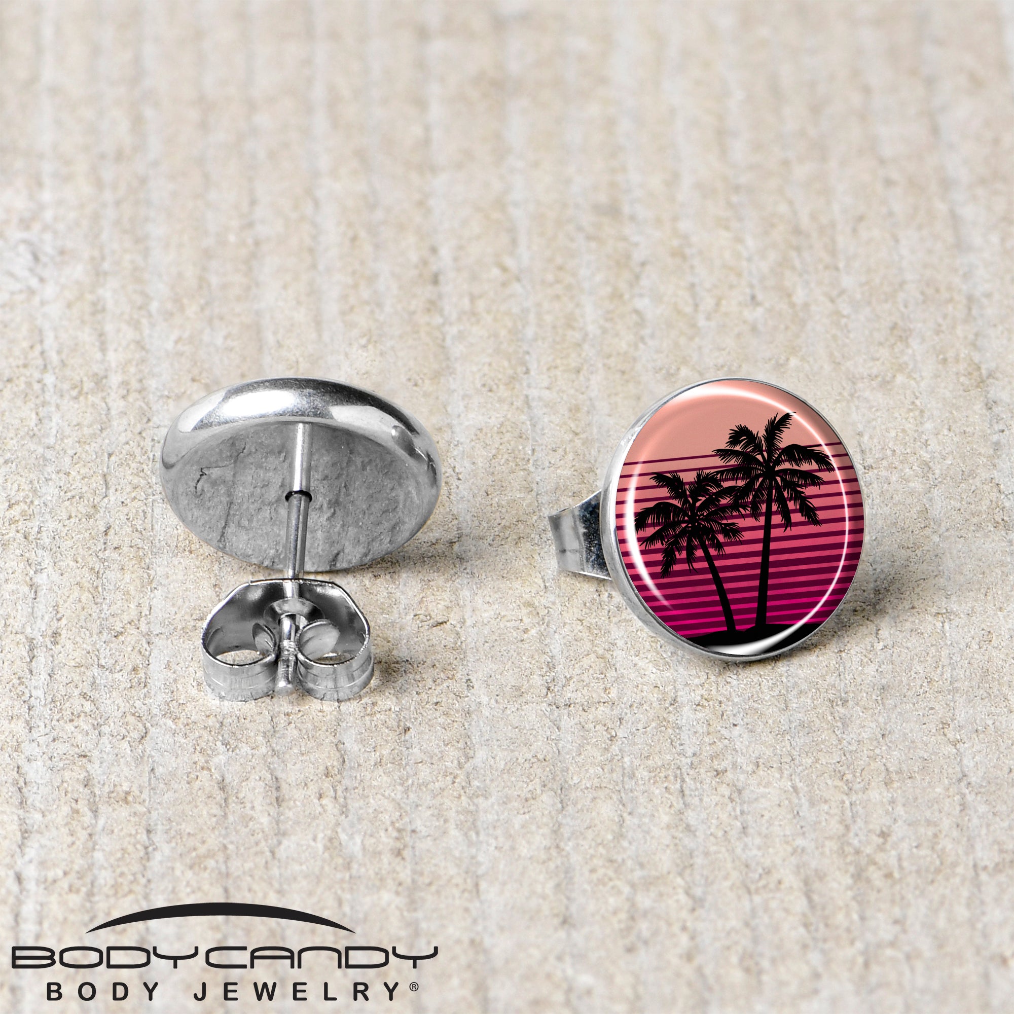 Palm Tree Retro Sunset  Stainless Steel Stud Earrings stainless steel hypoallergenic