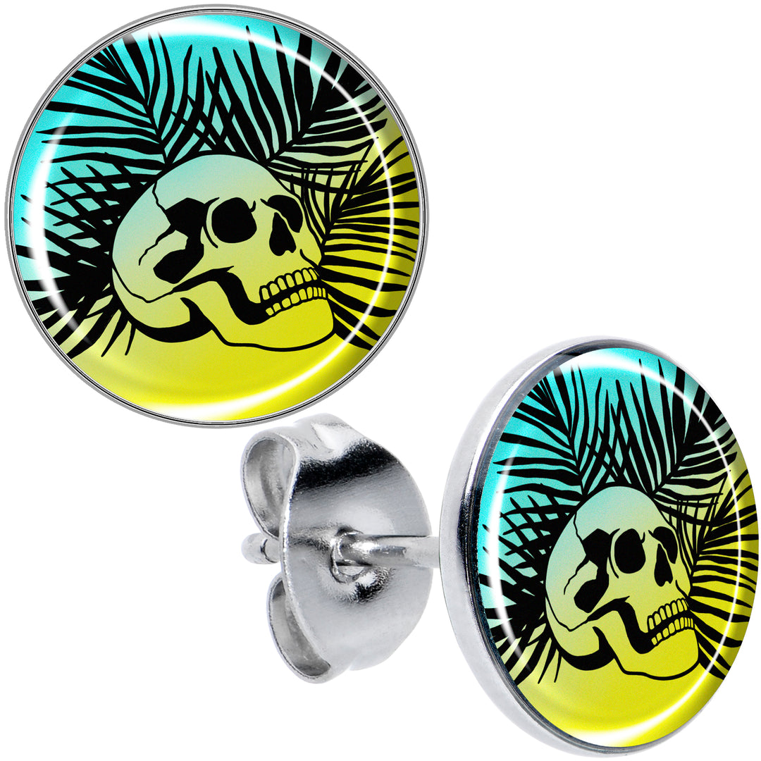 Blue Haze Sunset Skull and Palms Hypoallergenic Stainless Steel Stud Earrings