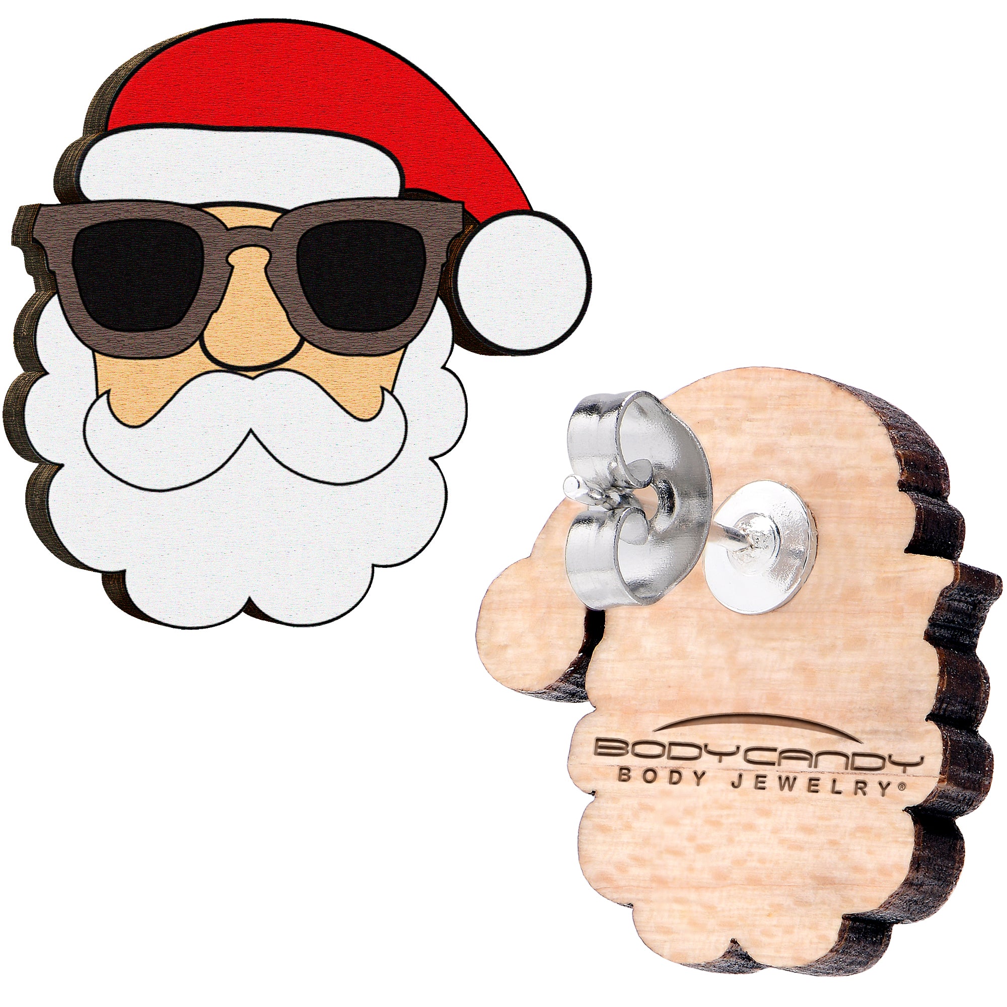 Handmade Wooden Santa Claus Holiday Christmas Stud Earrings