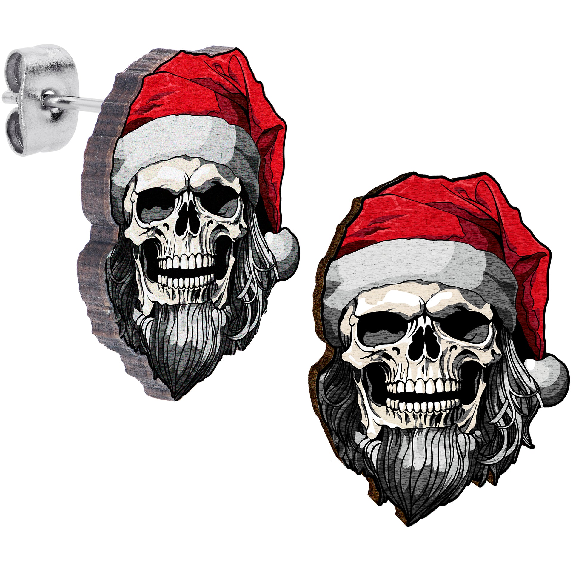 Handmade Wooden Skeleton Claus Holiday Christmas Hypoallergenic Stainless Steel Stud Earrings
