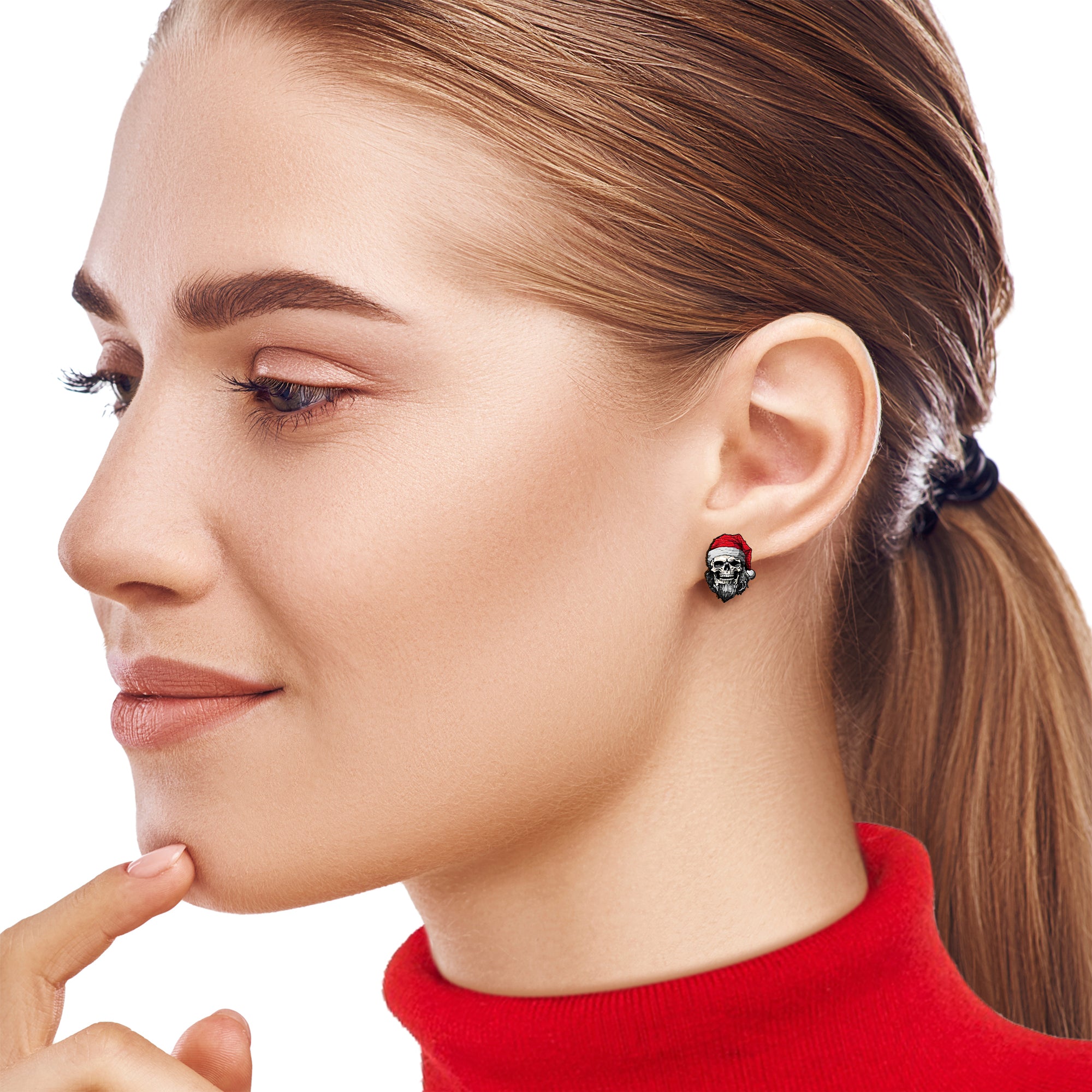 Handmade Wooden Skeleton Claus Holiday Christmas  Stainless Steel Stud Earrings lightweight body jewelry