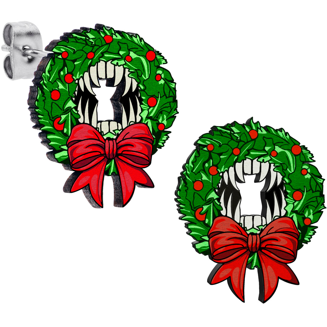 Handmade Wooden Vampire Wreath Holiday Christmas Hypoallergenic Stainless Steel Stud Earrings