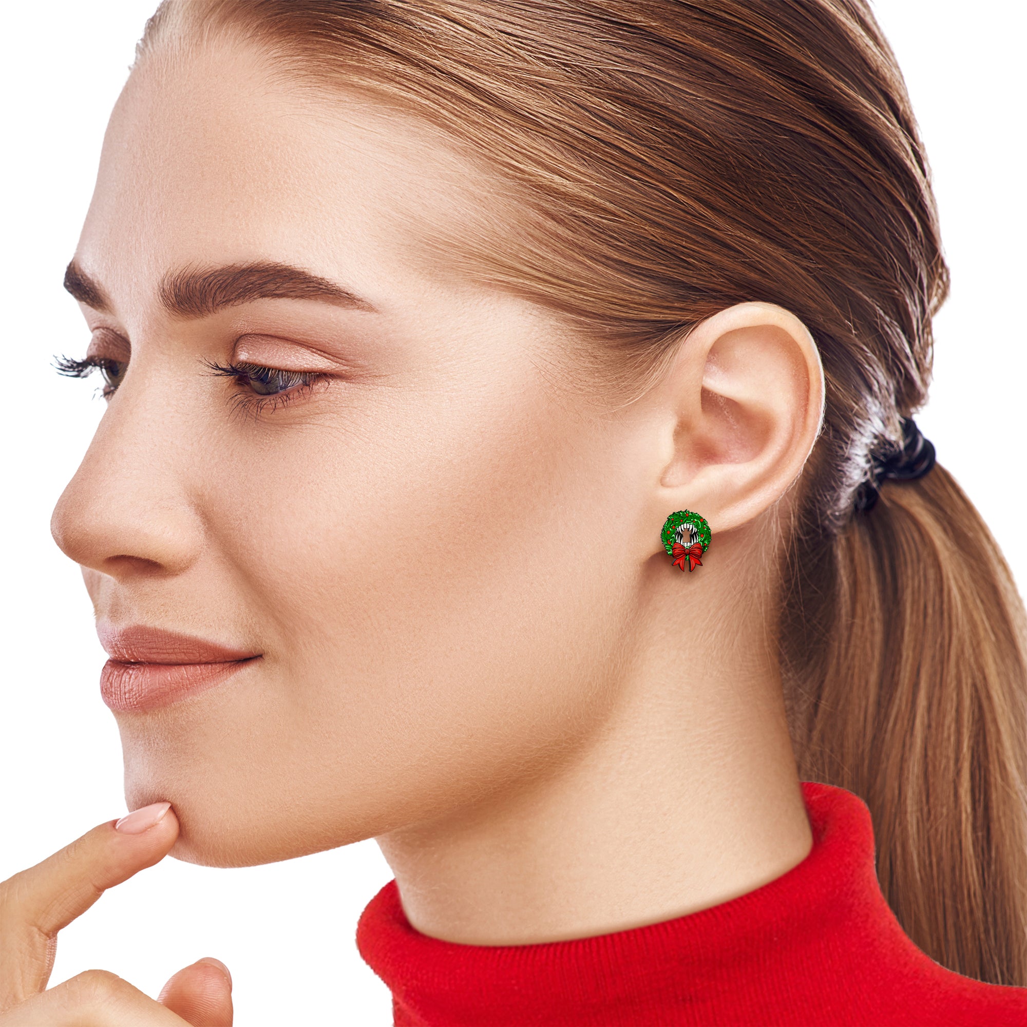 Handmade Wooden Vampire Wreath Holiday Christmas  Stainless Steel Stud Earrings lightweight body jewelry