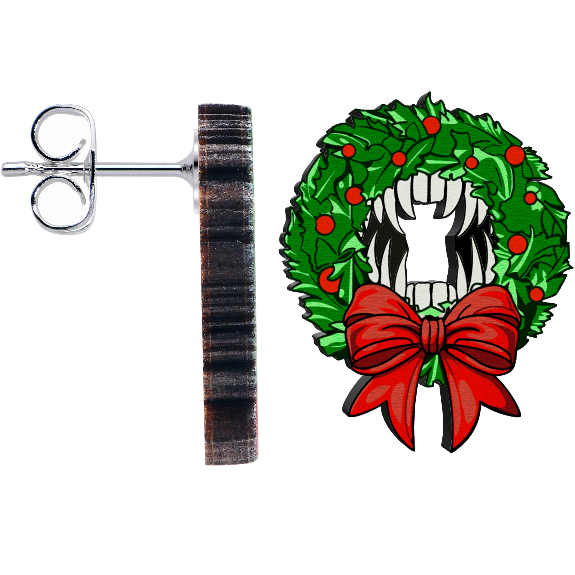 Handmade Wooden Vampire Wreath Holiday Christmas  Stainless Steel Stud Earrings handmade design