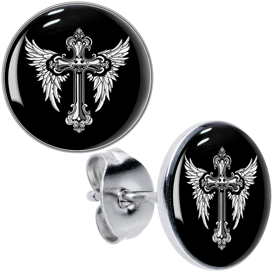 Black White Winged Cross Hypoallergenic Stainless Steel Stud Earrings