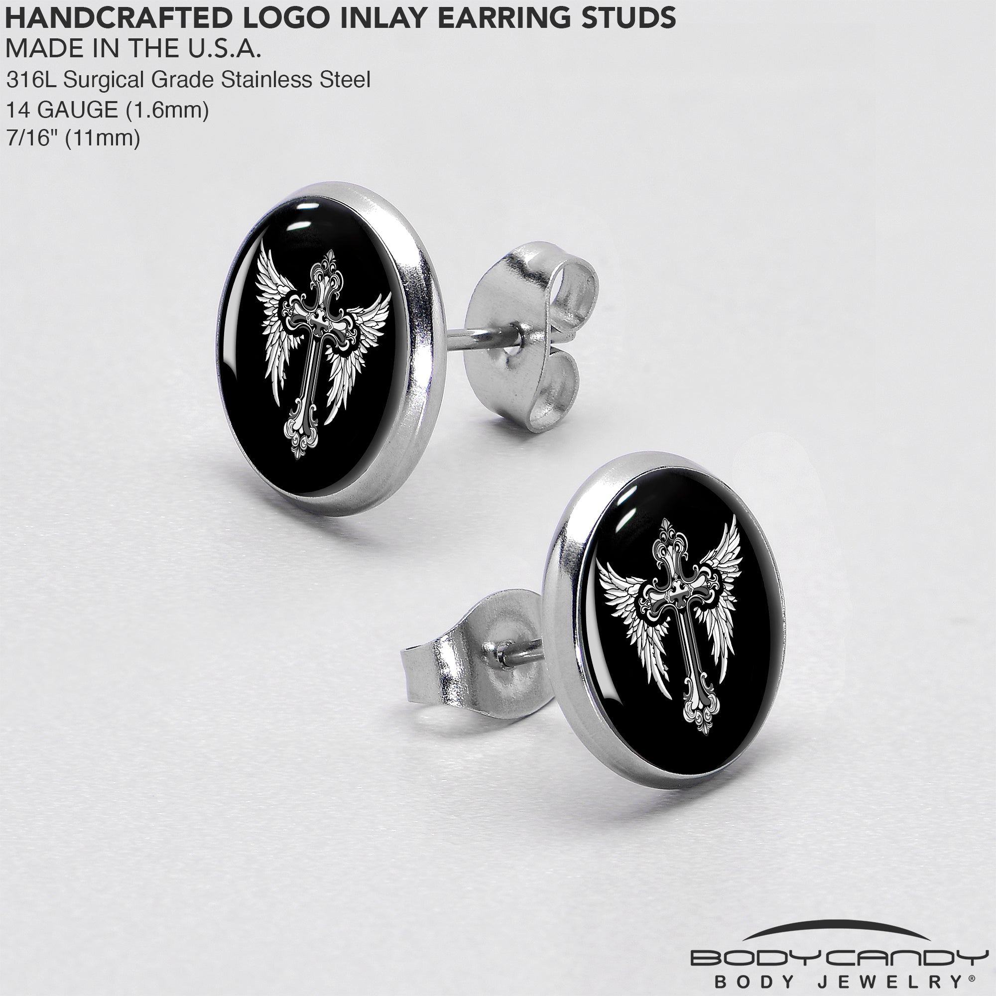 Black White Winged Cross Stud Earrings
