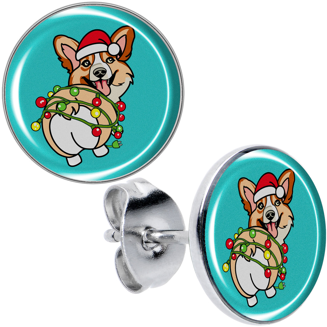 Christmas Holiday Lights Corgi Dog Stud Earrings