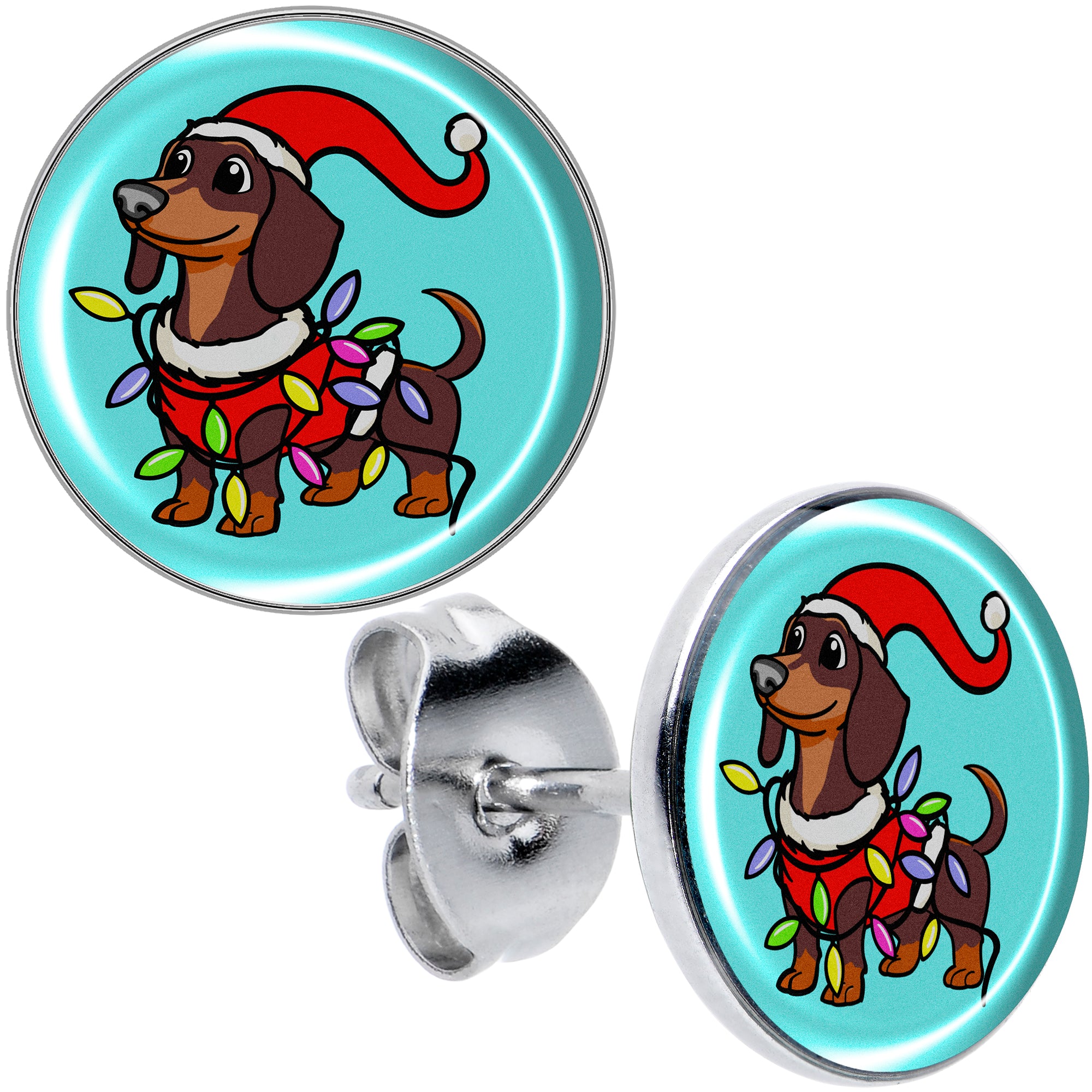 Christmas Holiday Weiner Dog Stud Earrings