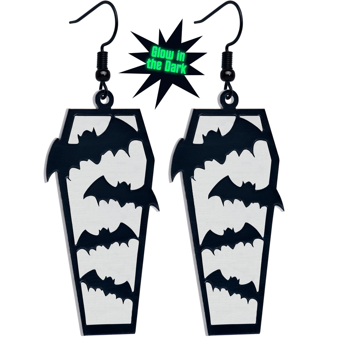 Glow in the Dark Black Bat Coffin Dangle Earrings