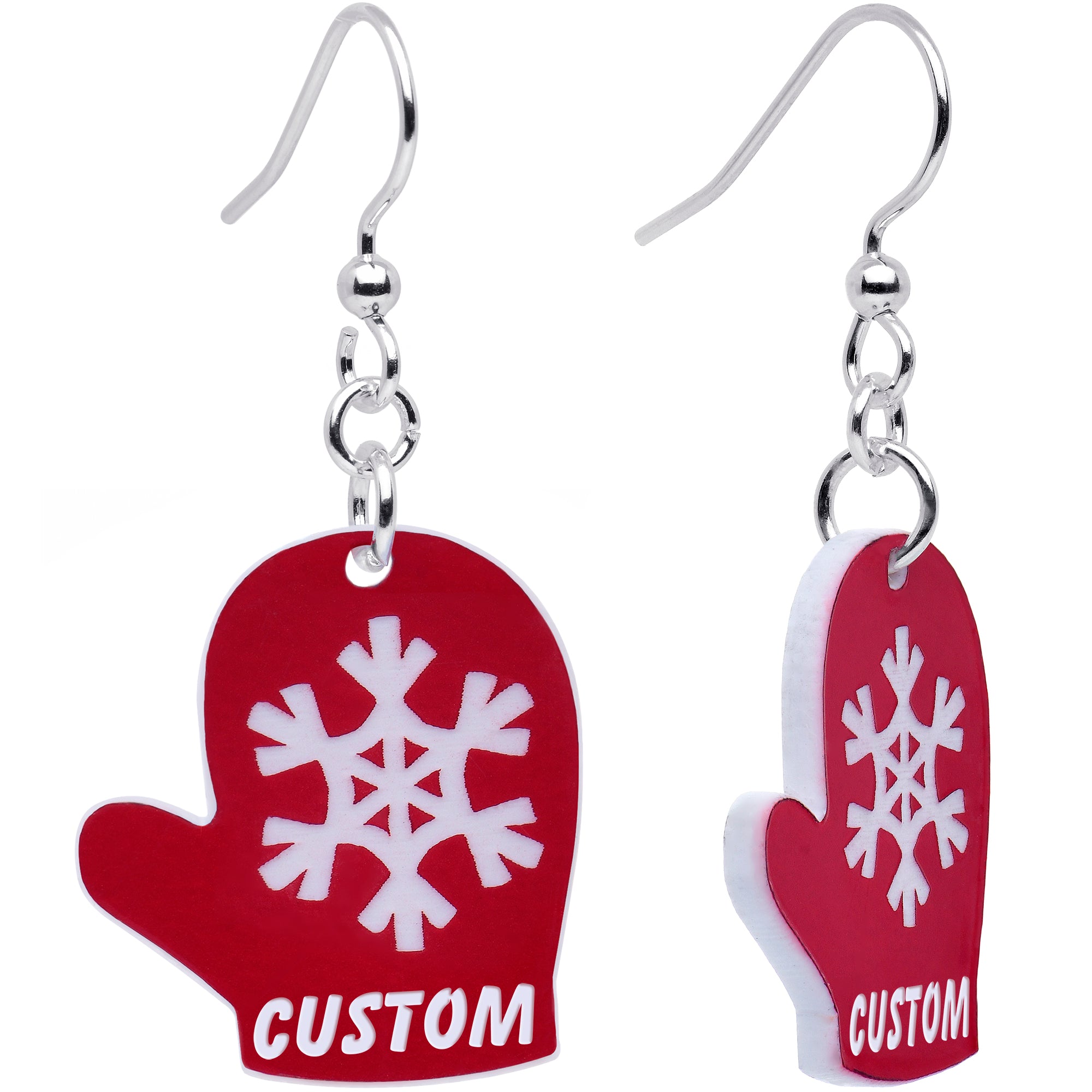 Custom Zig Zag Red Mittens Personalized Dangle Earrings stainless steel hypoallergenic