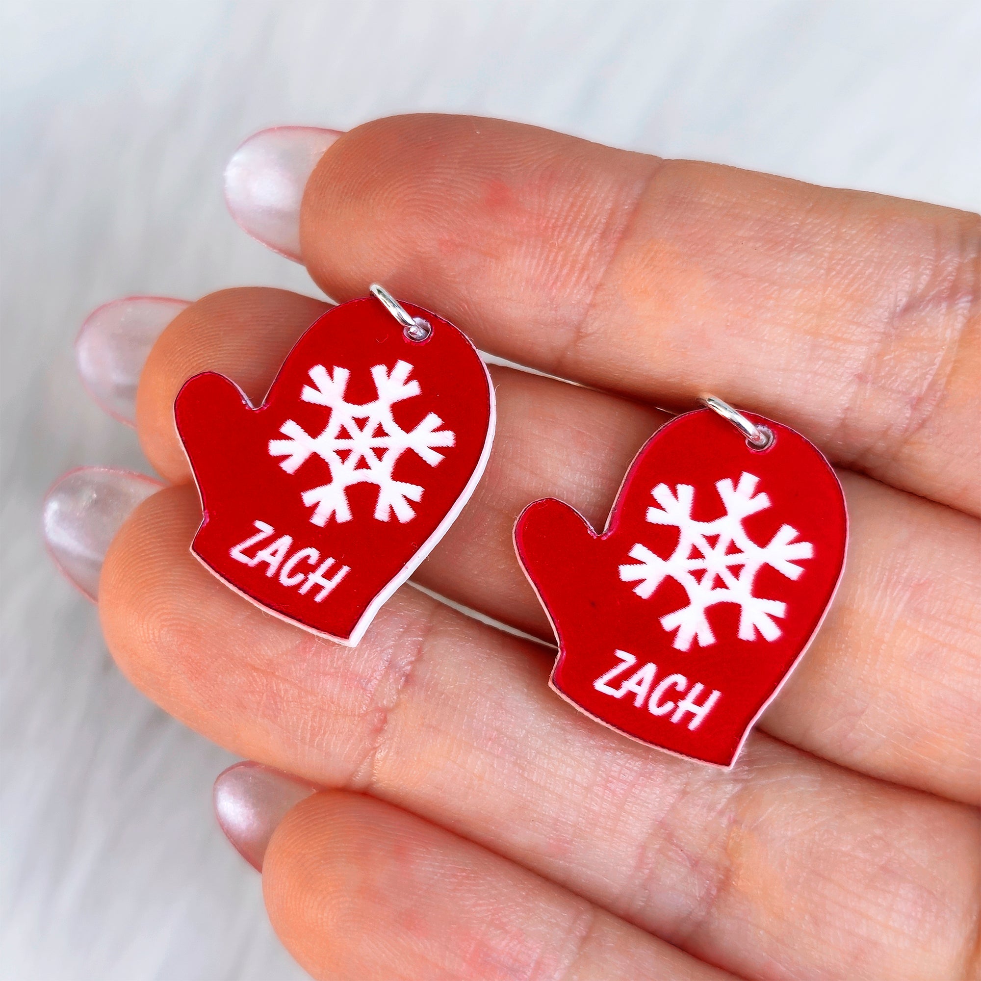 Custom Zig Zag Red Mittens Personalized Dangle Earrings lightweight body jewelry