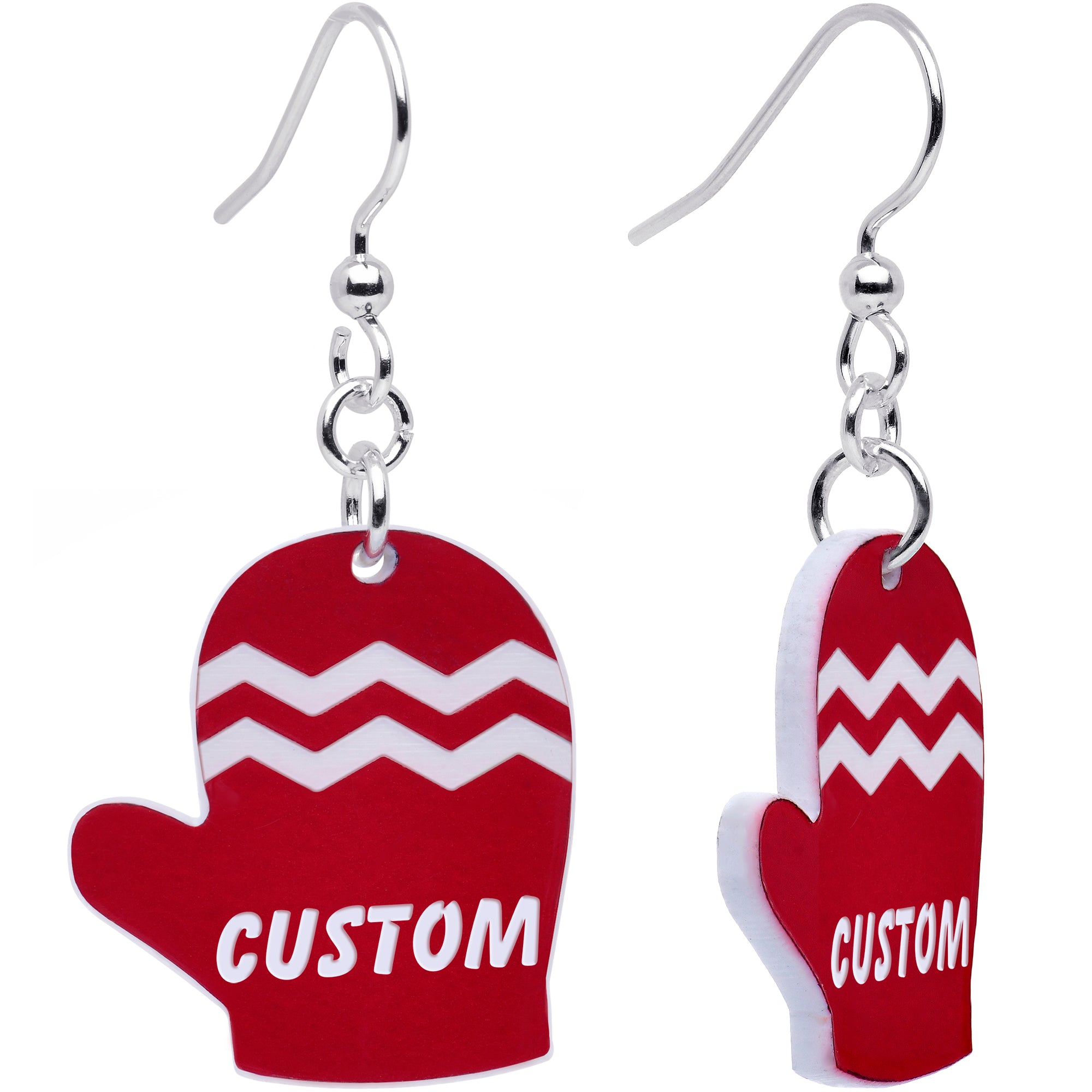 Custom Zig Zag Red Mittens Personalized Dangle Earrings perfect for sensitive ears
