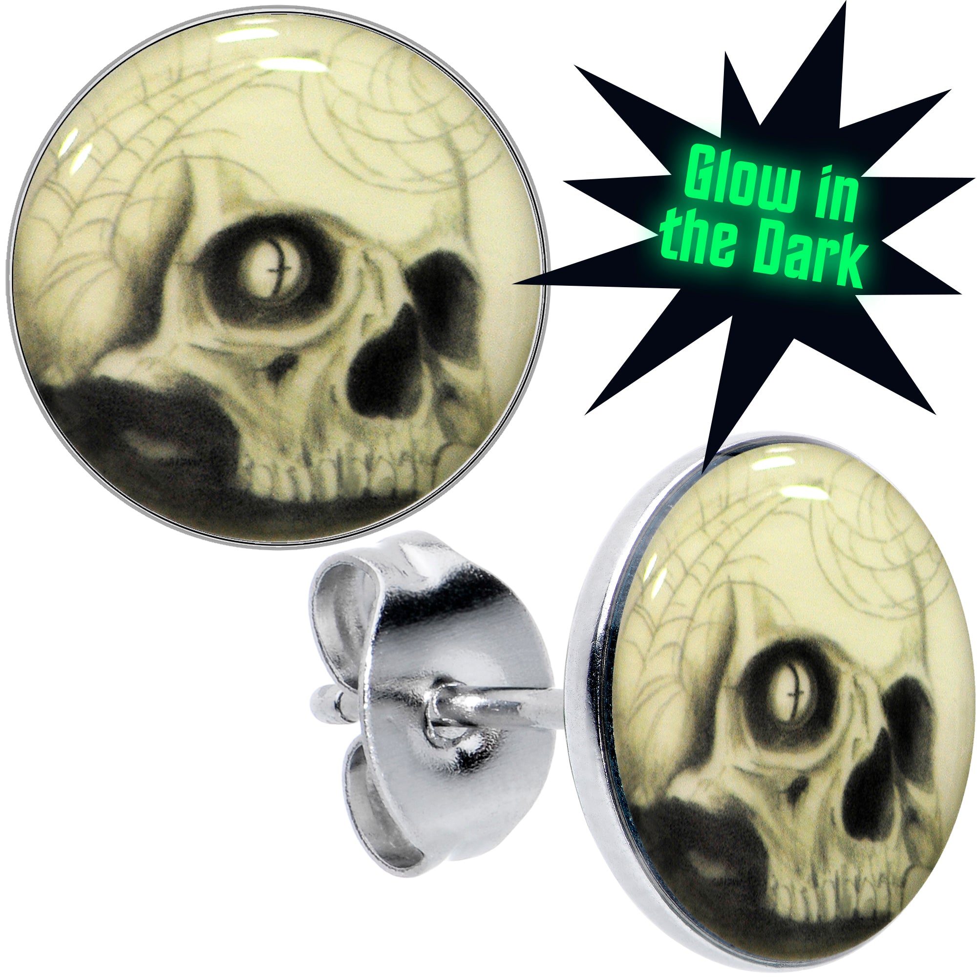 Webbed Skull Glow in the Dark Hypoallergenic Stainless Steel Stud Earrings