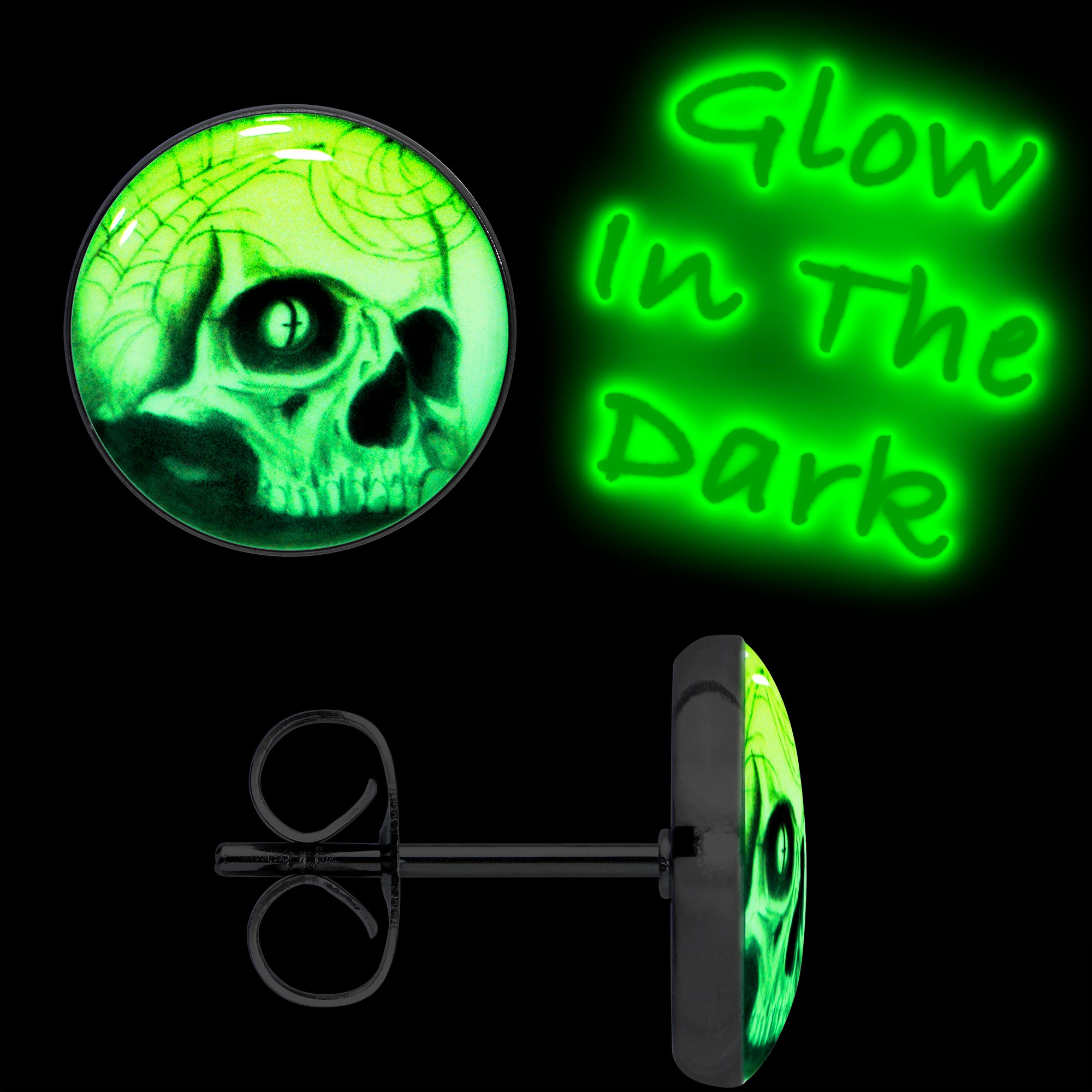 Webbed Skull Glow in the Dark  Stainless Steel Stud Earrings lightweight body jewelry