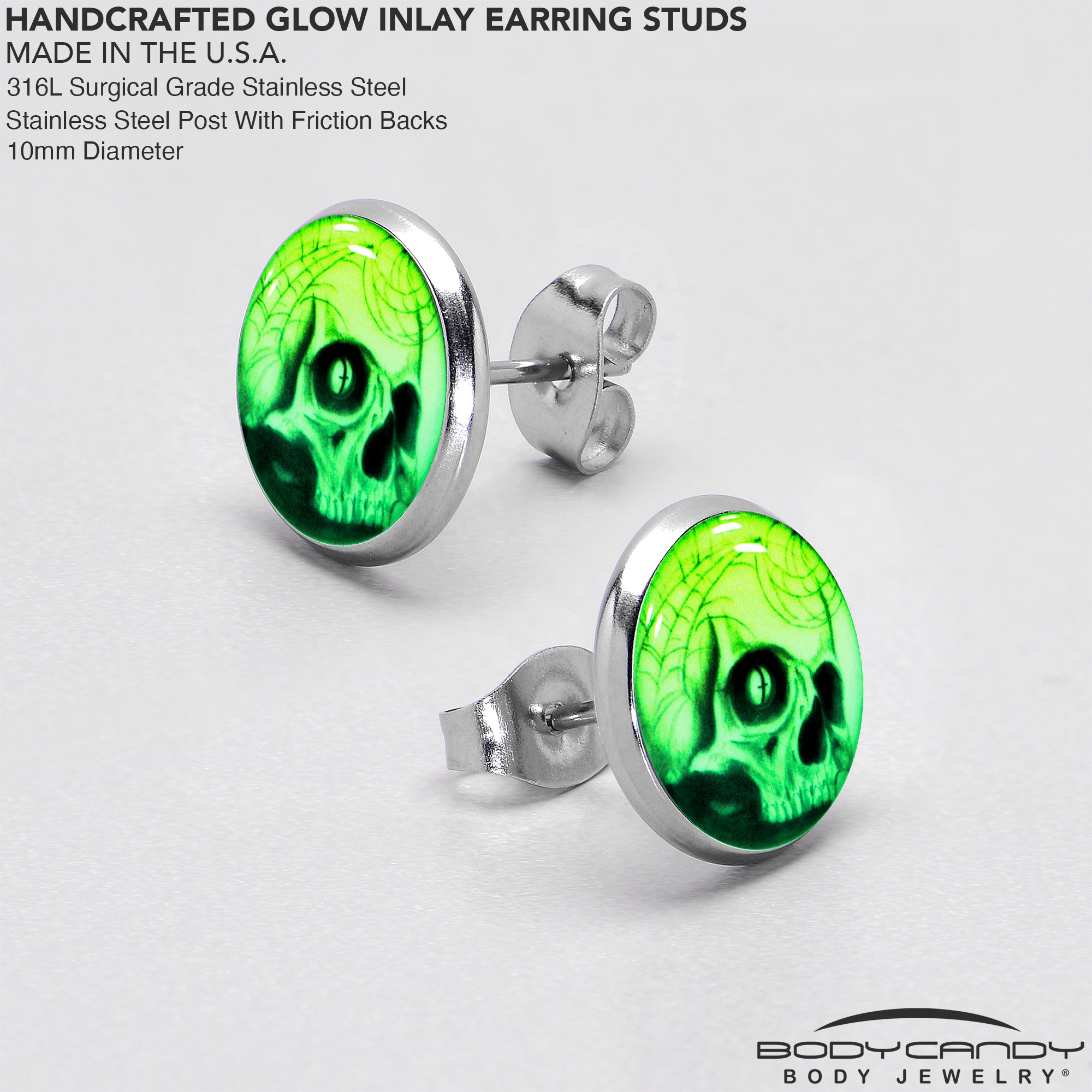 Webbed Skull Glow in the Dark  Stainless Steel Stud Earrings stainless steel hypoallergenic