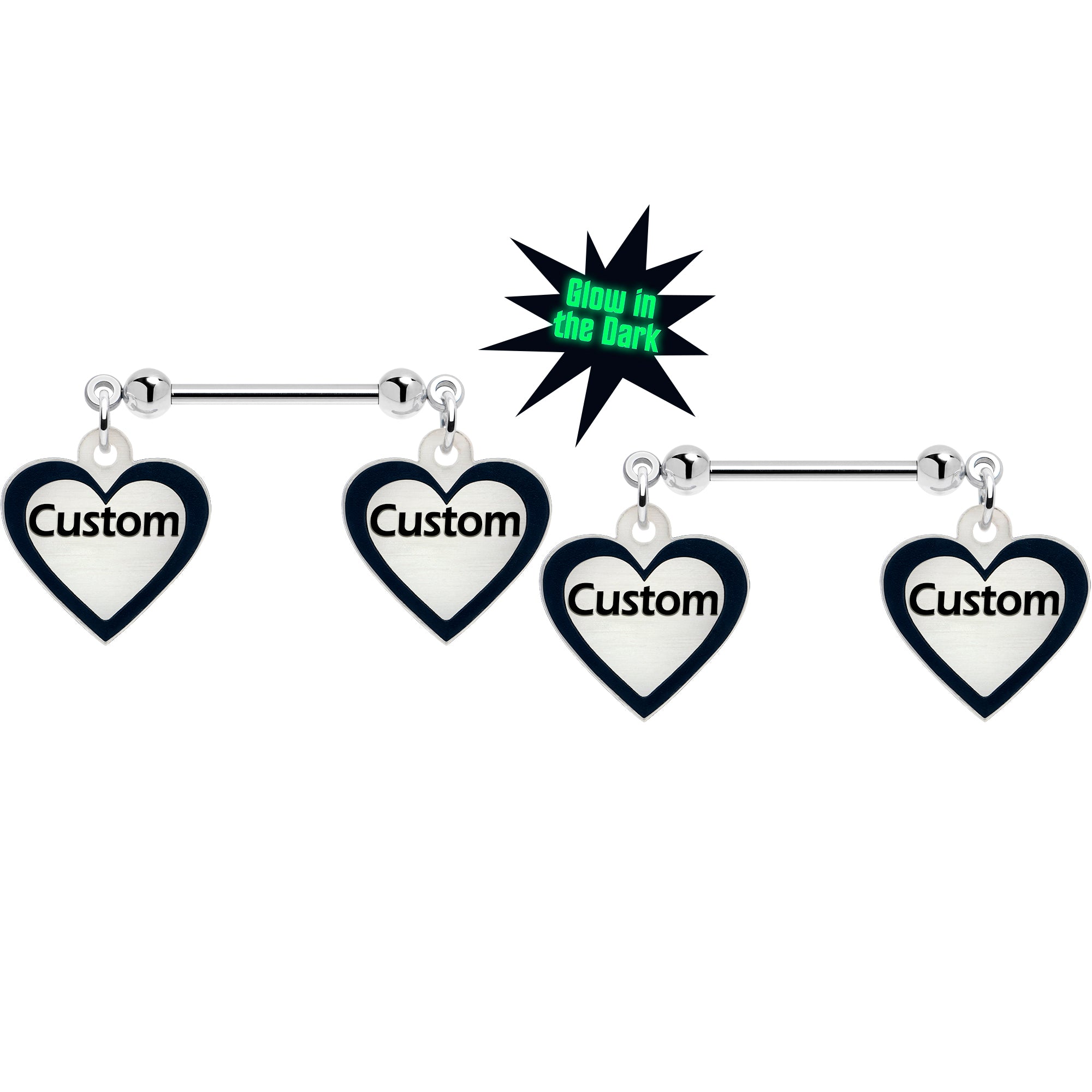 Custom Heart Glow in the Dark Double Personalized Name Dangle Nipple Rings
