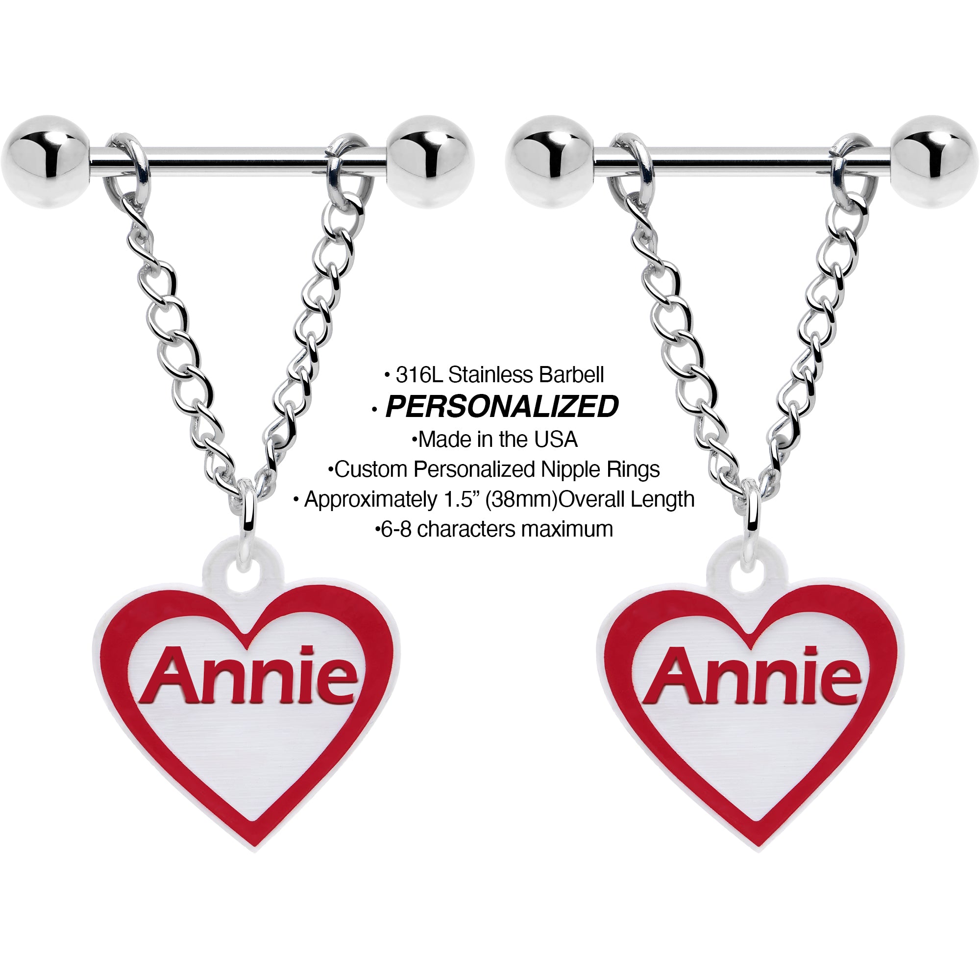 Custom Red White Heart Chain Nipple Rings Personalized Name Set