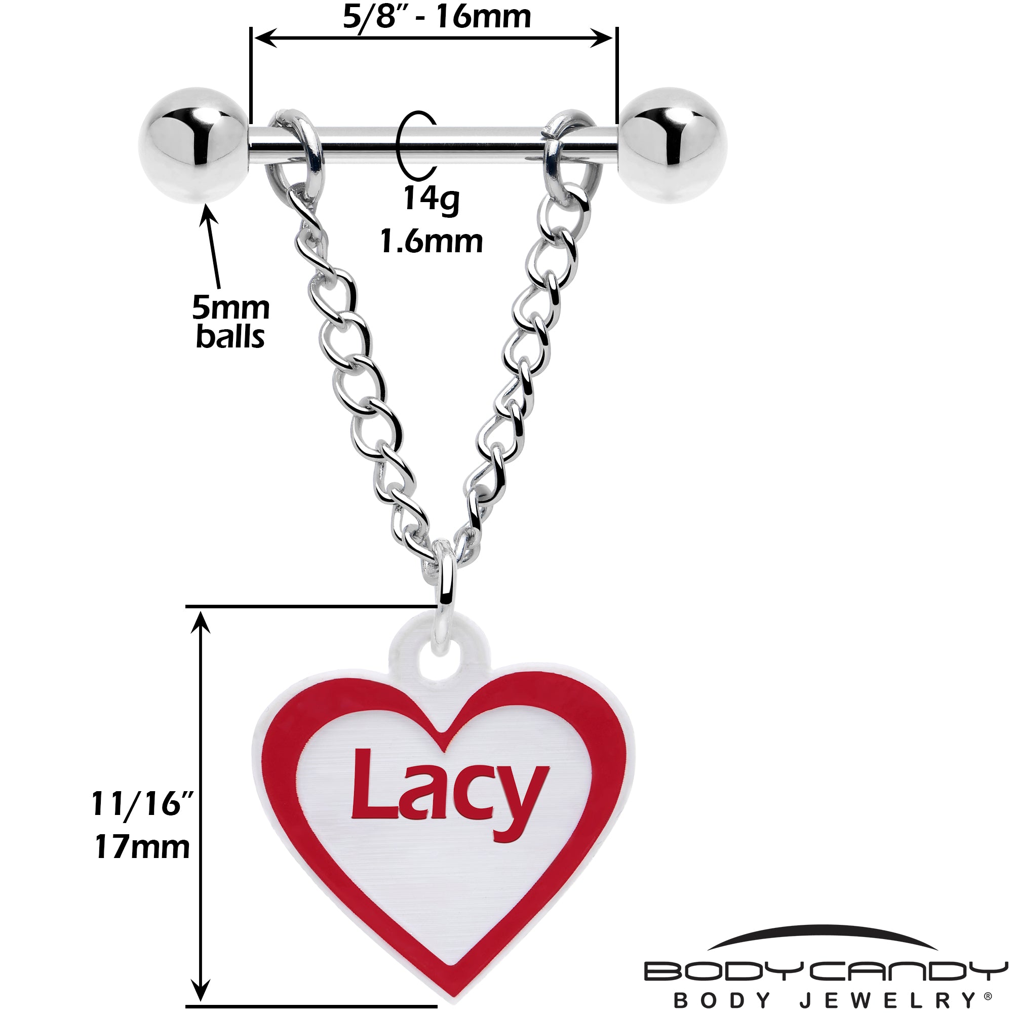 Personalized Name Dangle Nipple Rings Red White Heart Chain Set