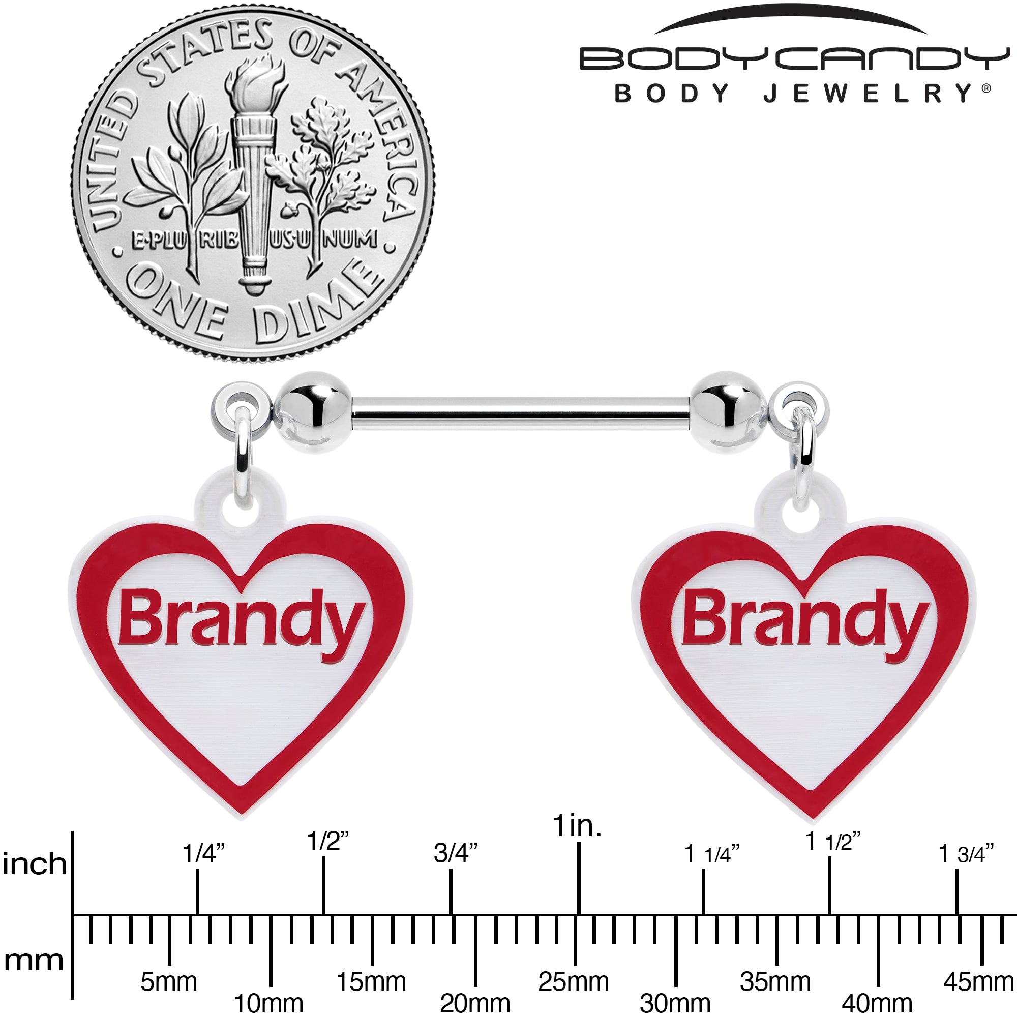 Personalized Name Dangle Nipple Rings with Red White Heart Design