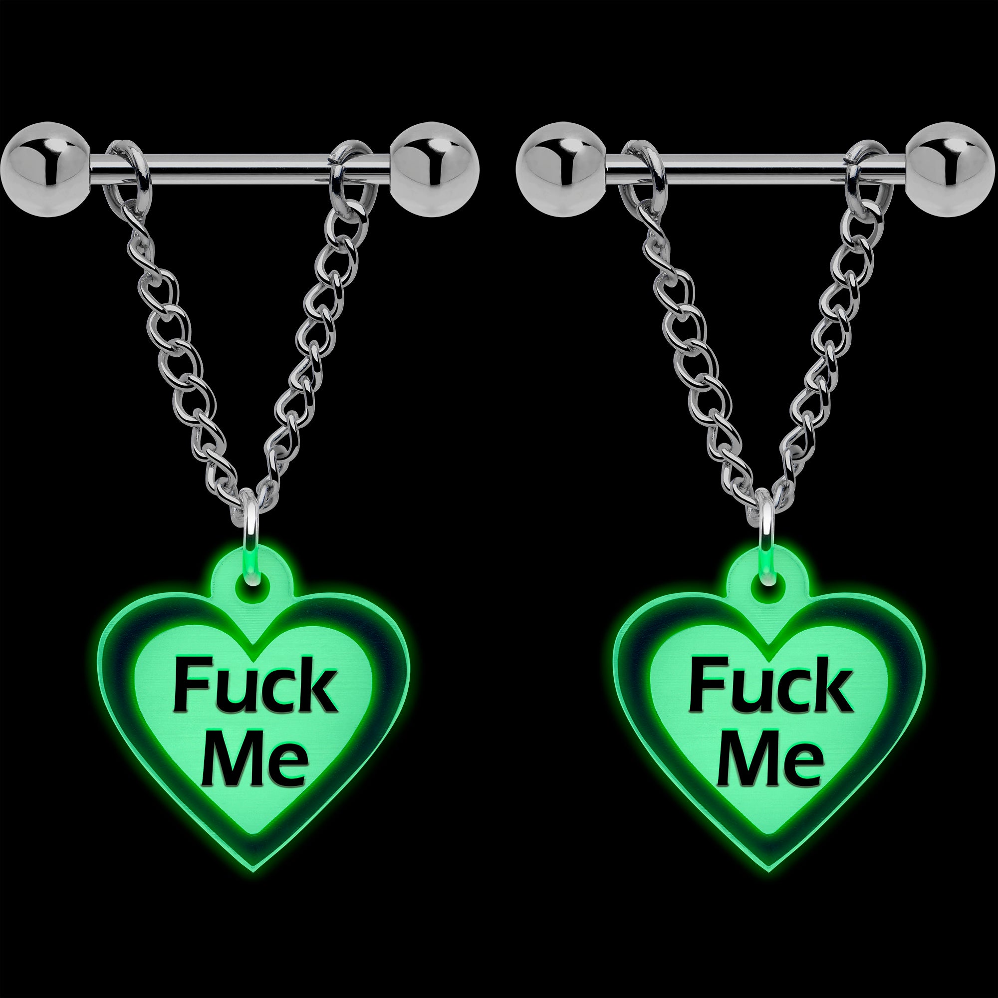 Heart Glow in the Dark F*ck Me Chain Dangle Nipple Rings