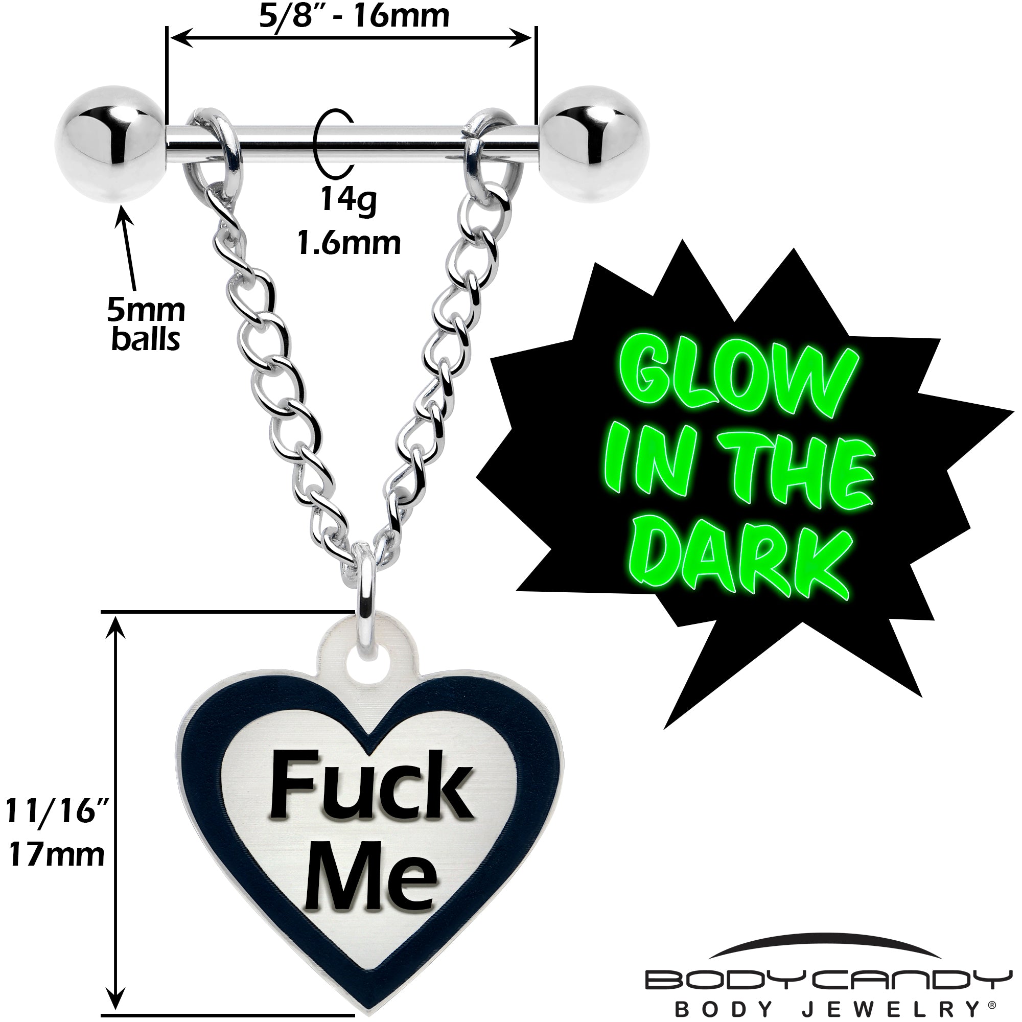 F*ck Me Chain Dangle Nipple Rings with Heart Glow in the Dark