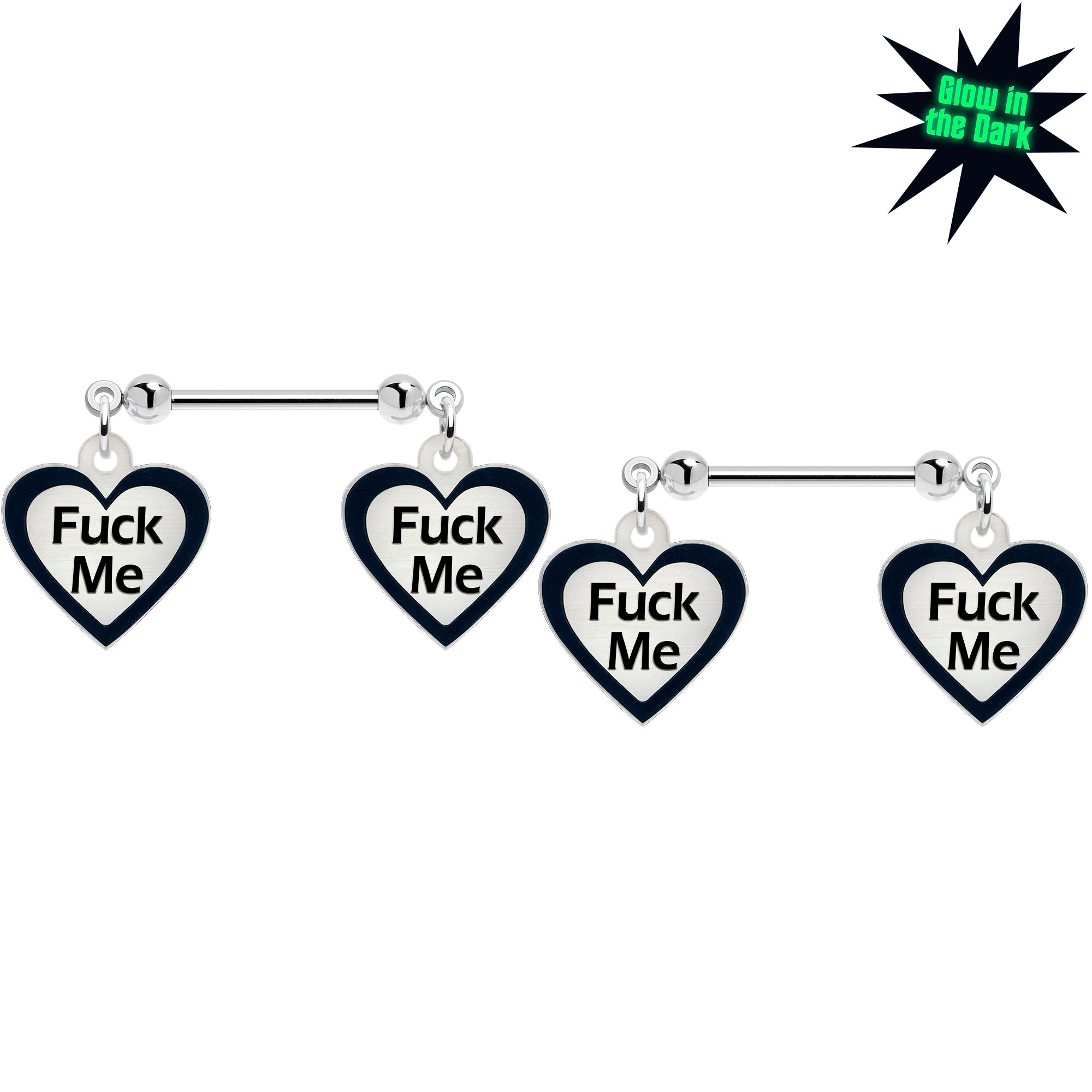 Heart Glow in the Dark F*ck Me Dangle Nipple Ring Set