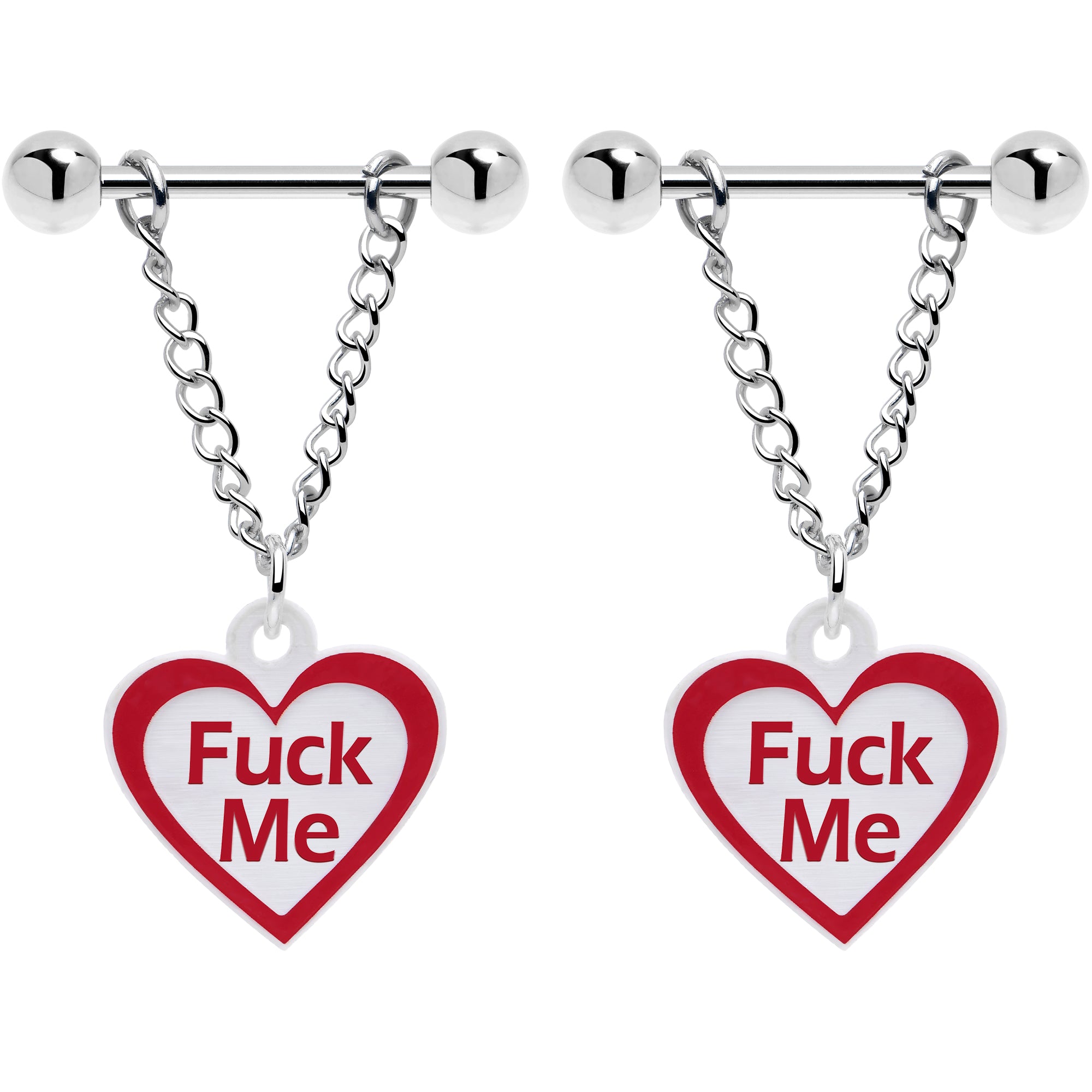 Heart F*ck Me Nipple Rings Red White with Chain