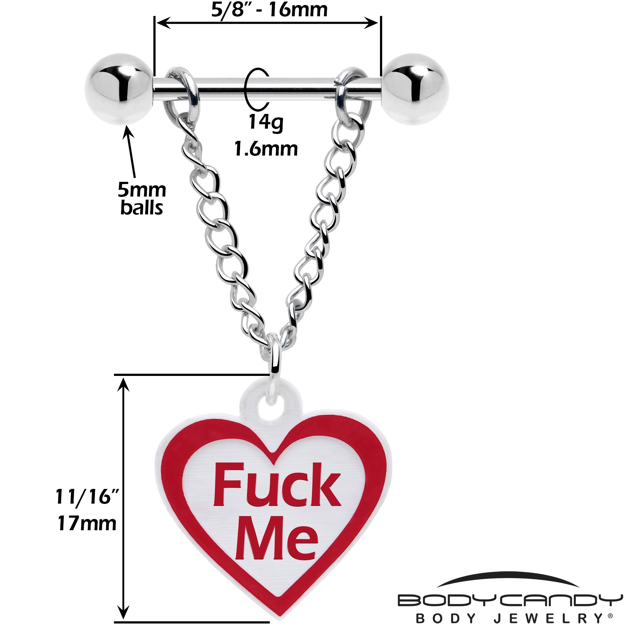 Red White Heart Nipple Ring Set with Chain Dangle